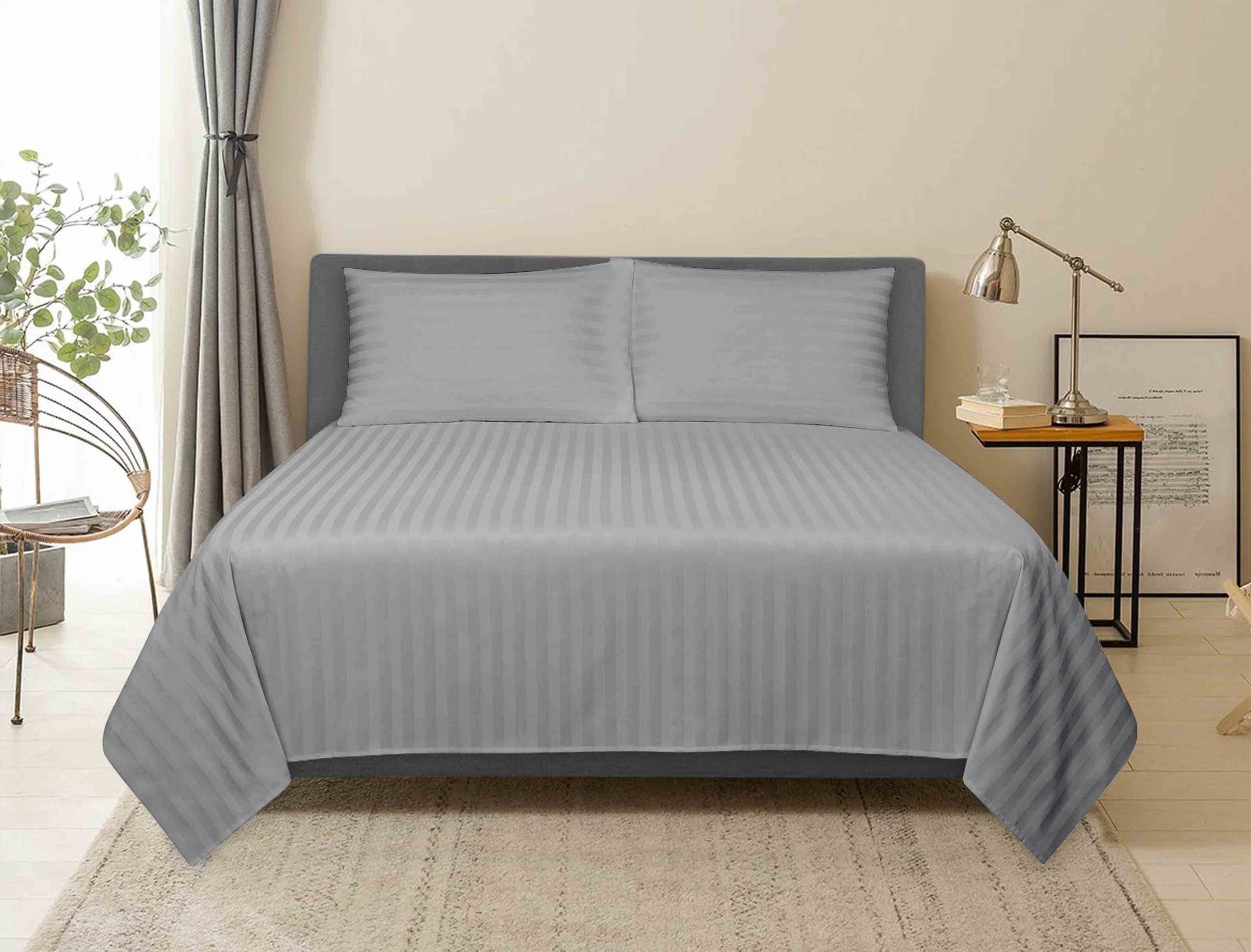 Hotel Linen Klub Bed Sheet Set – 3-Piece 300 TC 100% Cotton Stripe Sateen - Gray