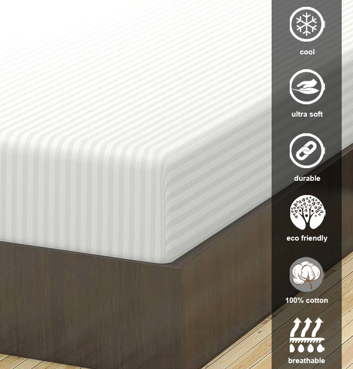 Hotel Linen Klub Bed Sheet Set – 3-Piece 300 TC 100% Cotton Stripe Sateen - White