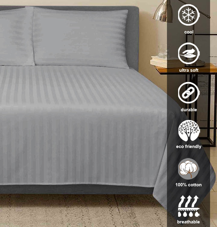 Hotel Linen Klub Bed Sheet Set – 3-Piece 300 TC 100% Cotton Stripe Sateen - Gray