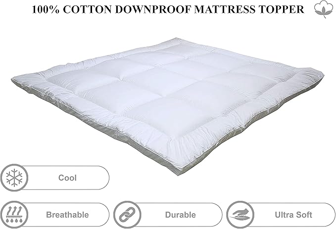 Hotel Linen Klub Luxury Mattress Topper – 233TC Cotton 100% Downproof, 500 GSM Fill – White