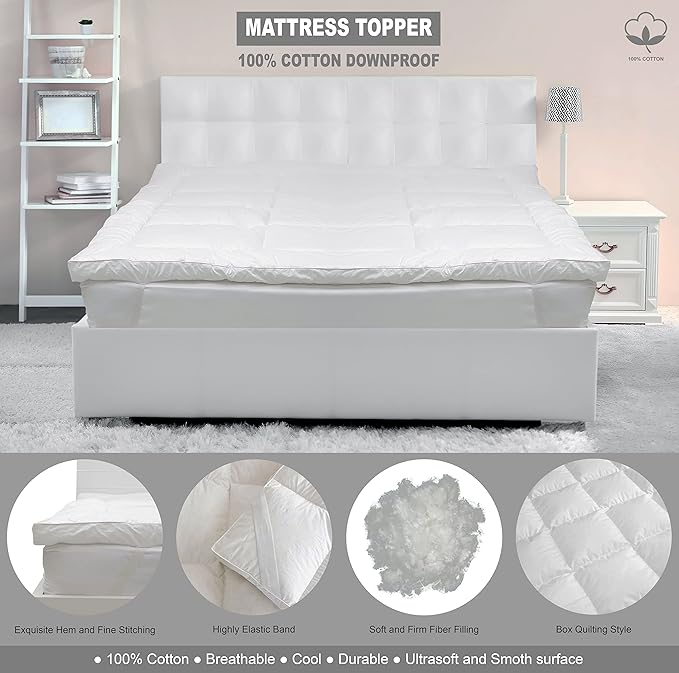 Hotel Linen Klub Luxury Mattress Topper – 233TC Cotton 100% Downproof, 500 GSM Fill – White