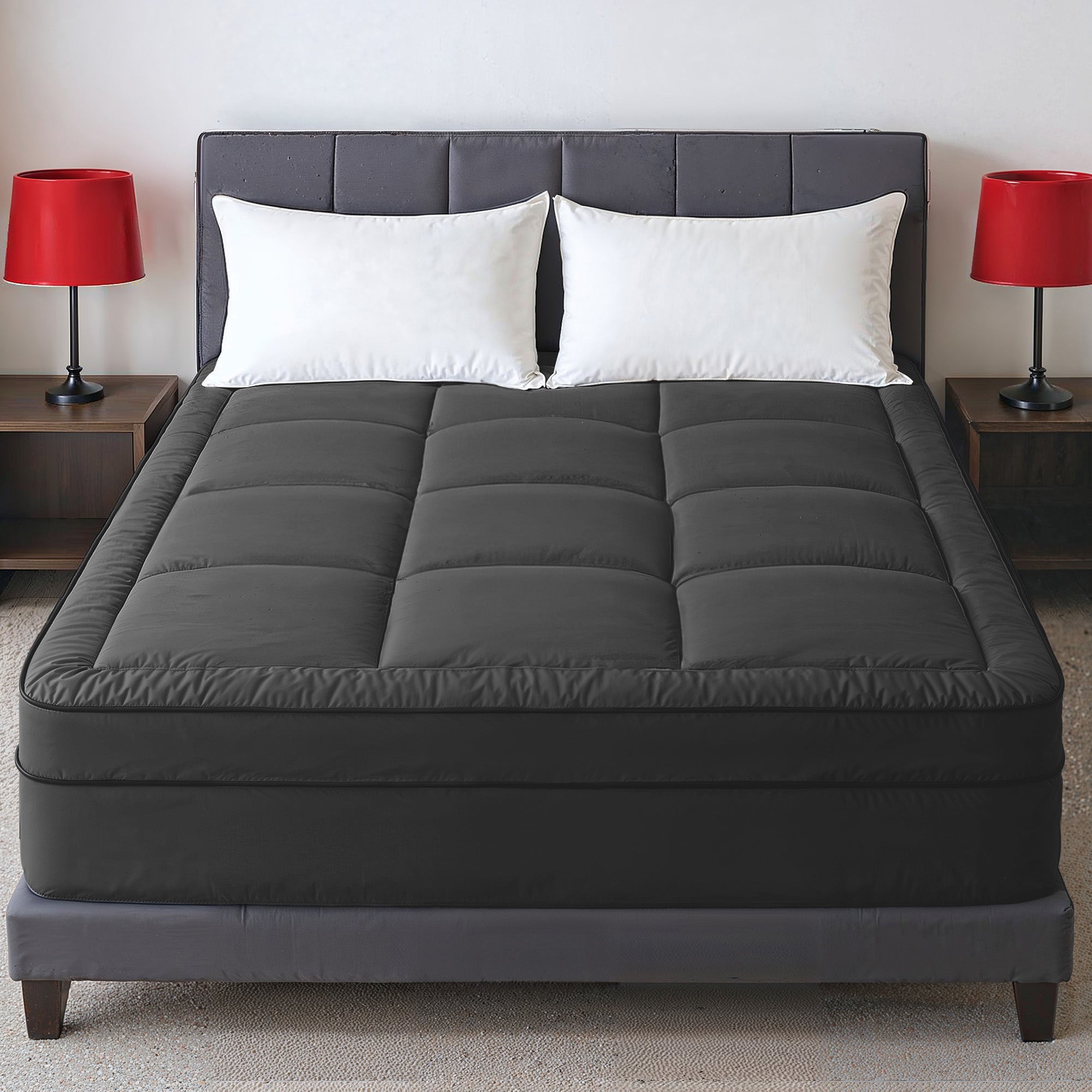 Hotel Linen Klub Fitted Mattress Topper Plain – 800 GSM Premium - Deep Pocket with All-around Elastic - Black