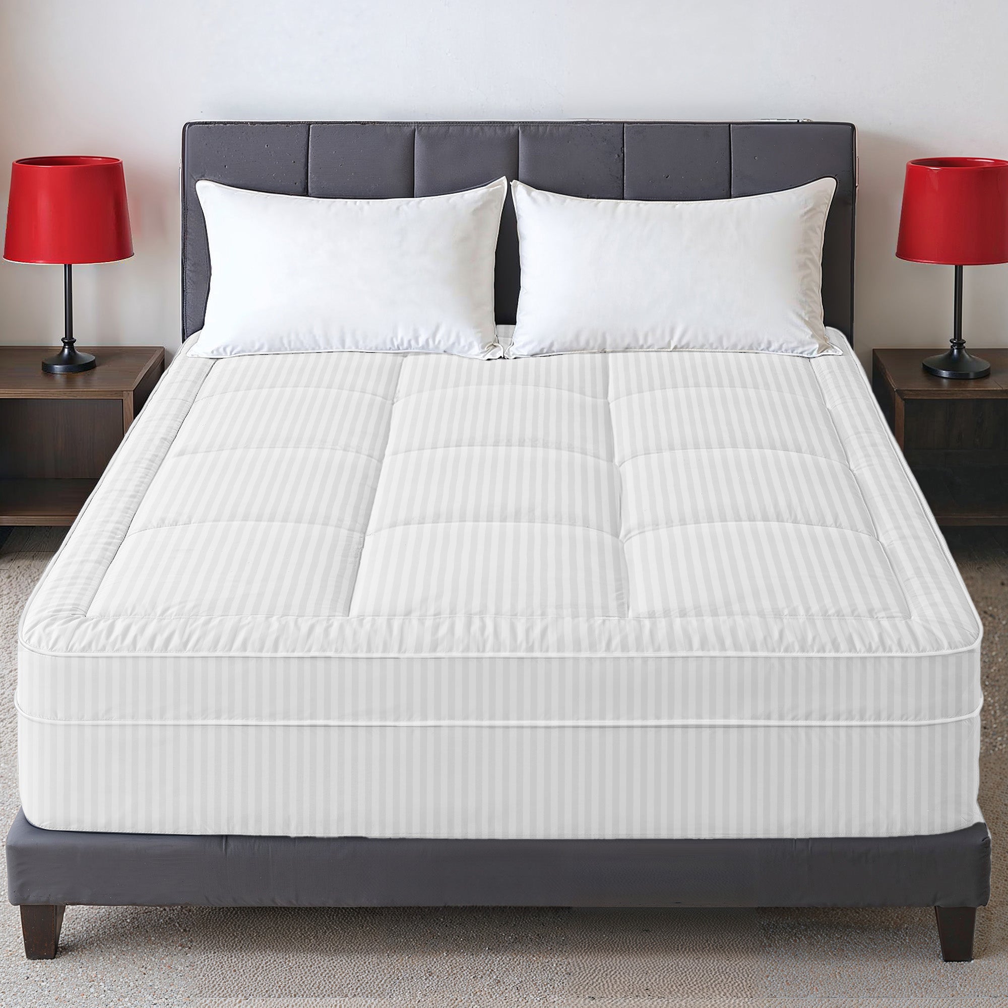 Hotel Linen Klub Fitted Mattress Topper Striped – 800 GSM Premium - Deep Pocket with All-around Elastic - White