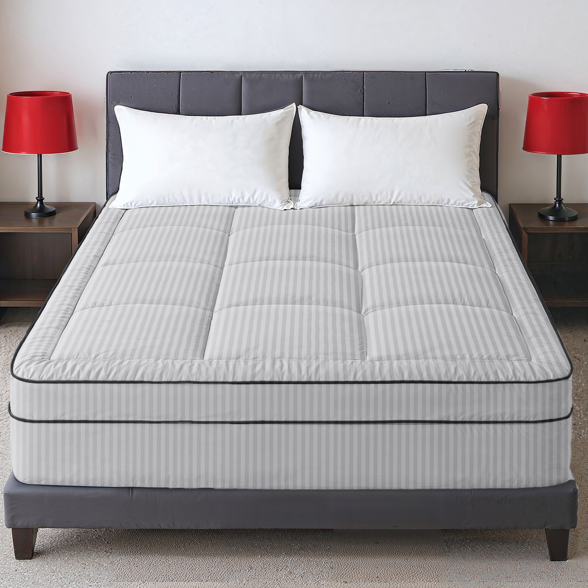 Hotel Linen Klub Fitted Mattress Topper Striped – 800 GSM Premium - Deep Pocket with All-around Elastic  Light Grey
