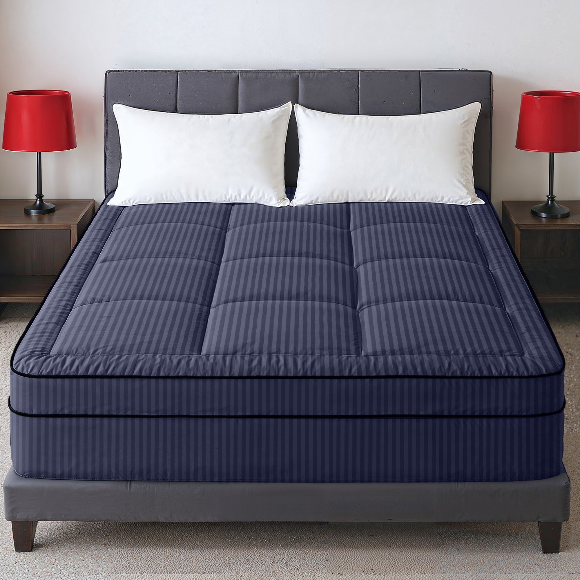 Hotel Linen Klub Fitted Mattress Topper Striped – 800 GSM Premium - Deep Pocket with All-around Elastic  - Navy