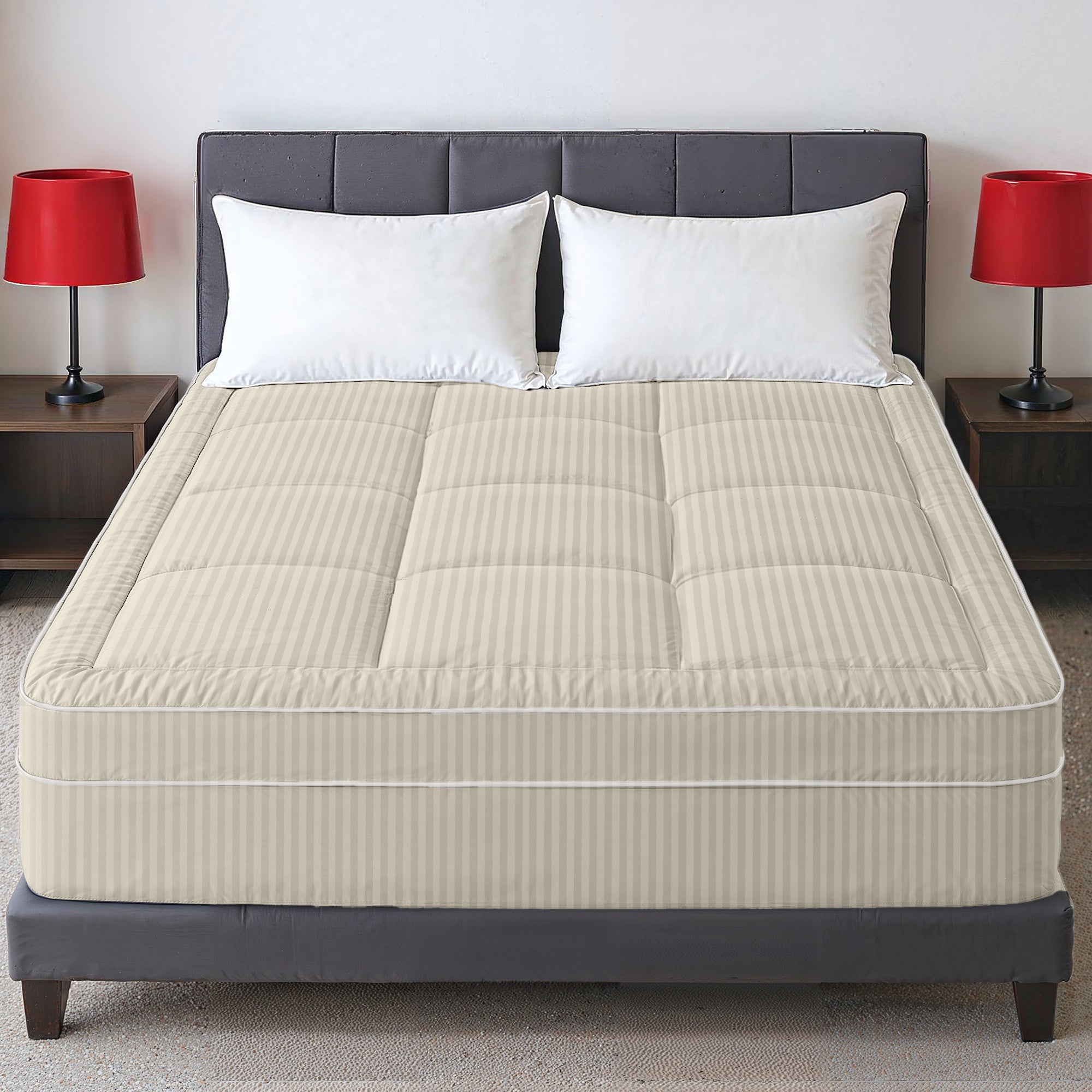 Hotel Linen Klub Fitted Mattress Topper Striped – 800 GSM Premium - Deep Pocket with All-around Elastic  - Stone