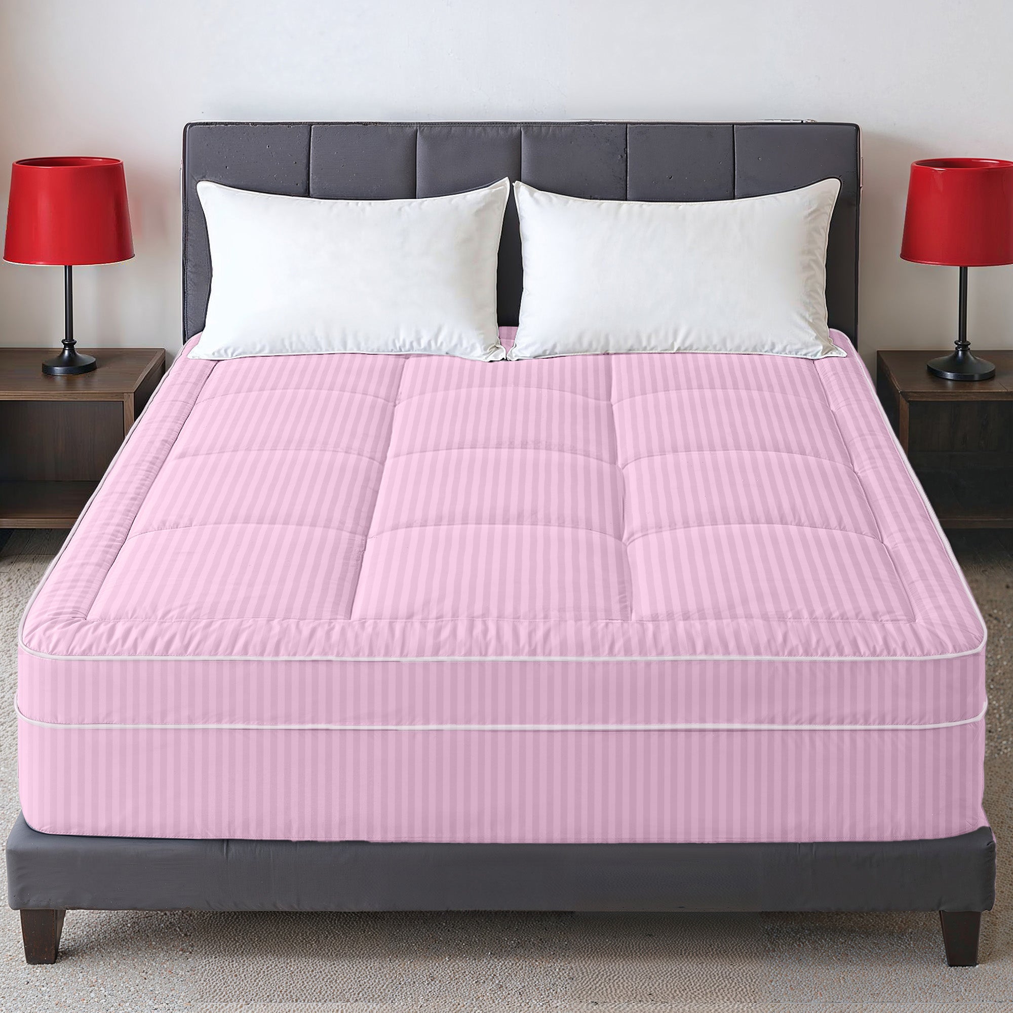 Hotel Linen Klub Fitted Mattress Topper Striped – 800 GSM Premium - Deep Pocket with All-around Elastic  - Pink