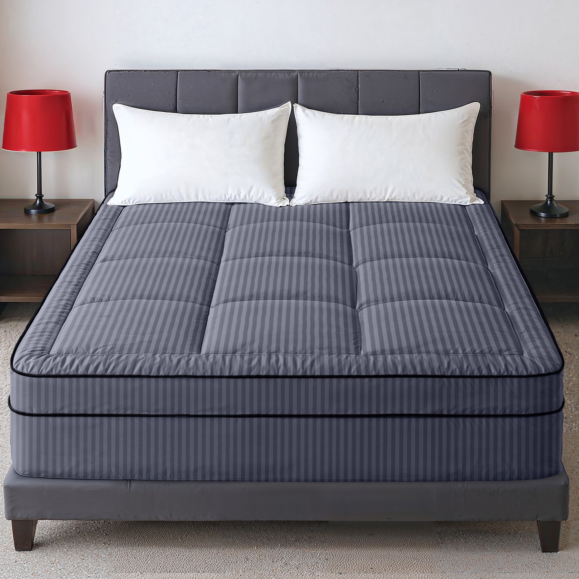 Hotel Linen Klub Fitted Mattress Topper Striped – 800 GSM Premium - Deep Pocket with All-around Elastic - Dark Grey