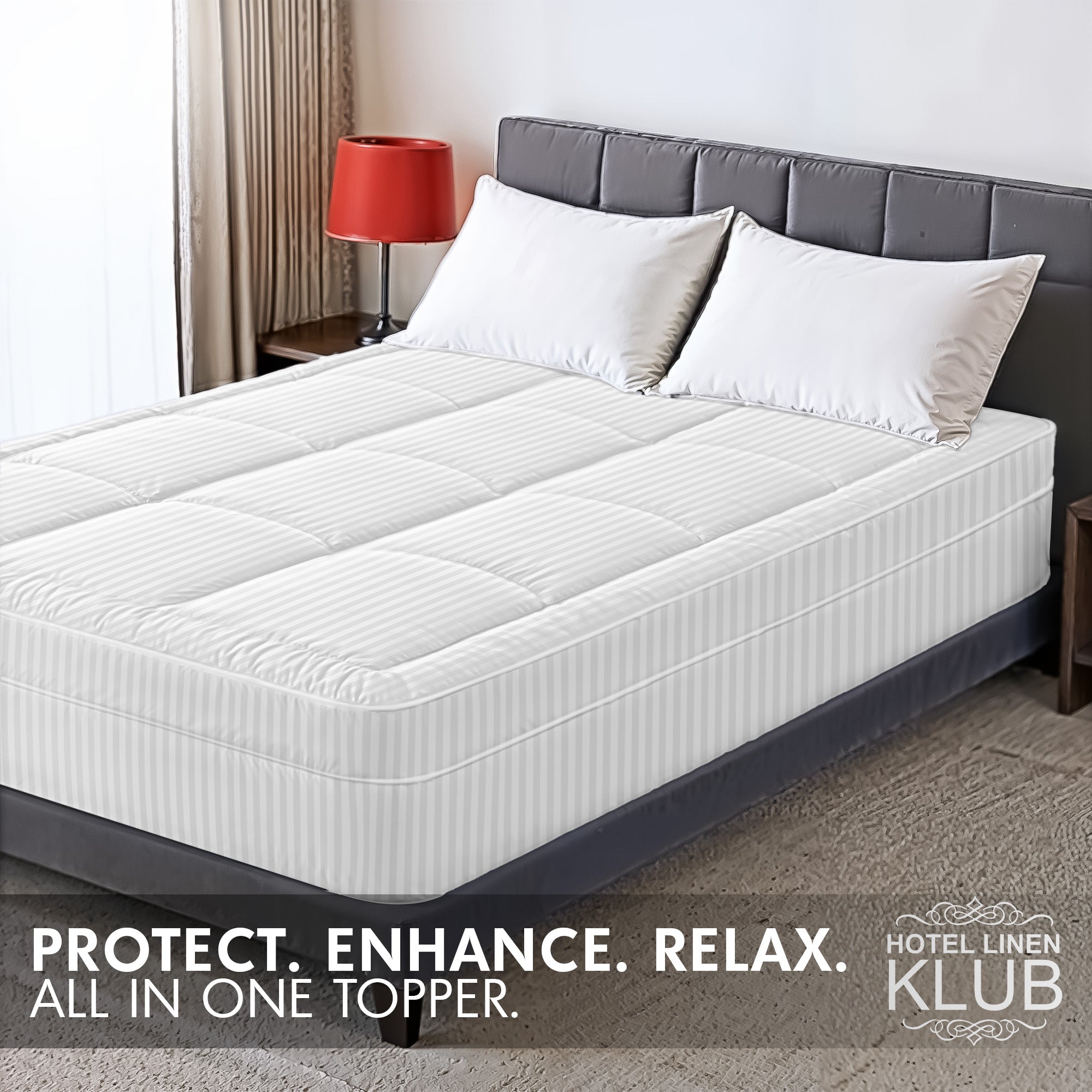 Hotel Linen Klub Fitted Mattress Topper Striped – 800 GSM Premium - Deep Pocket with All-around Elastic - White