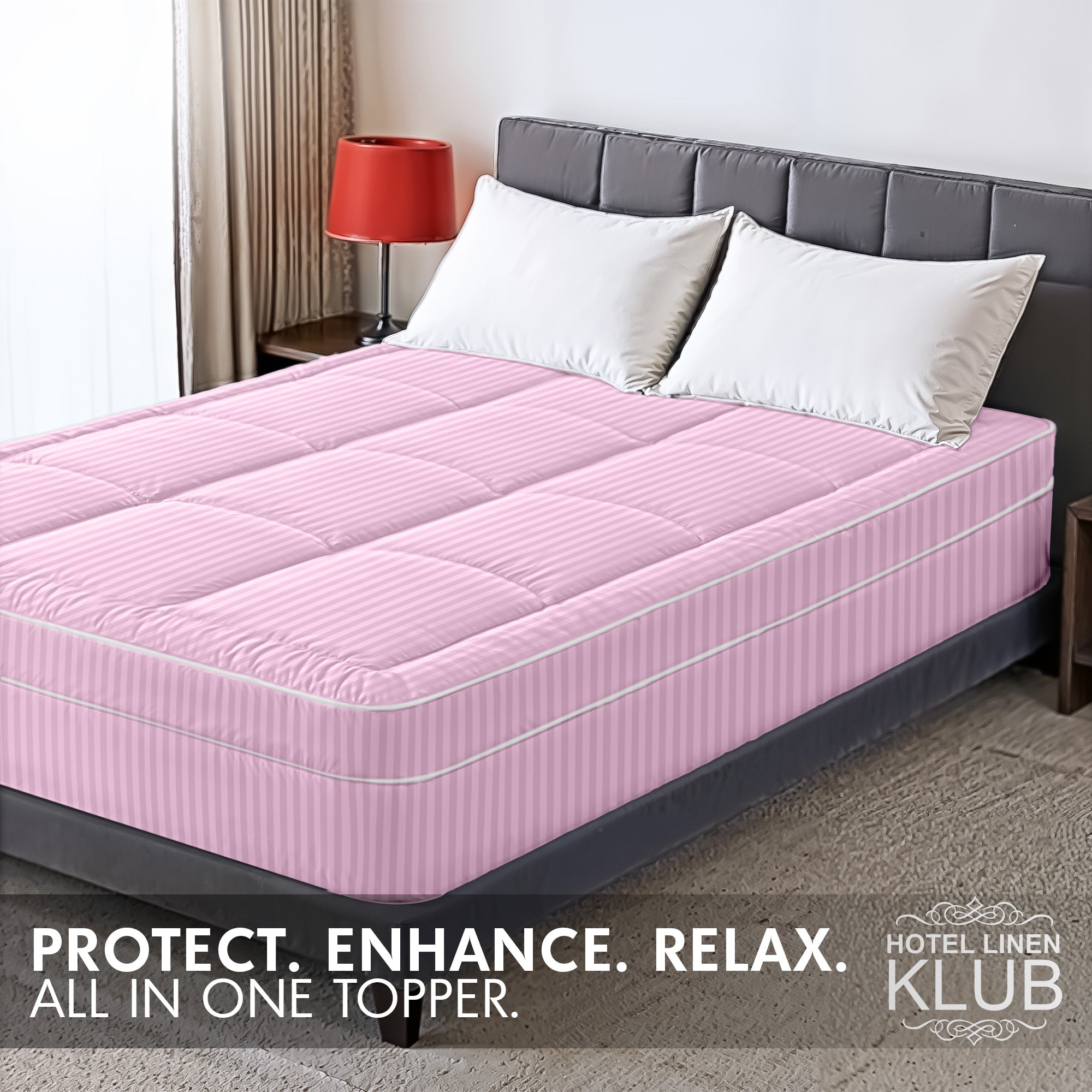 Hotel Linen Klub Fitted Mattress Topper Striped – 800 GSM Premium - Deep Pocket with All-around Elastic  - Pink