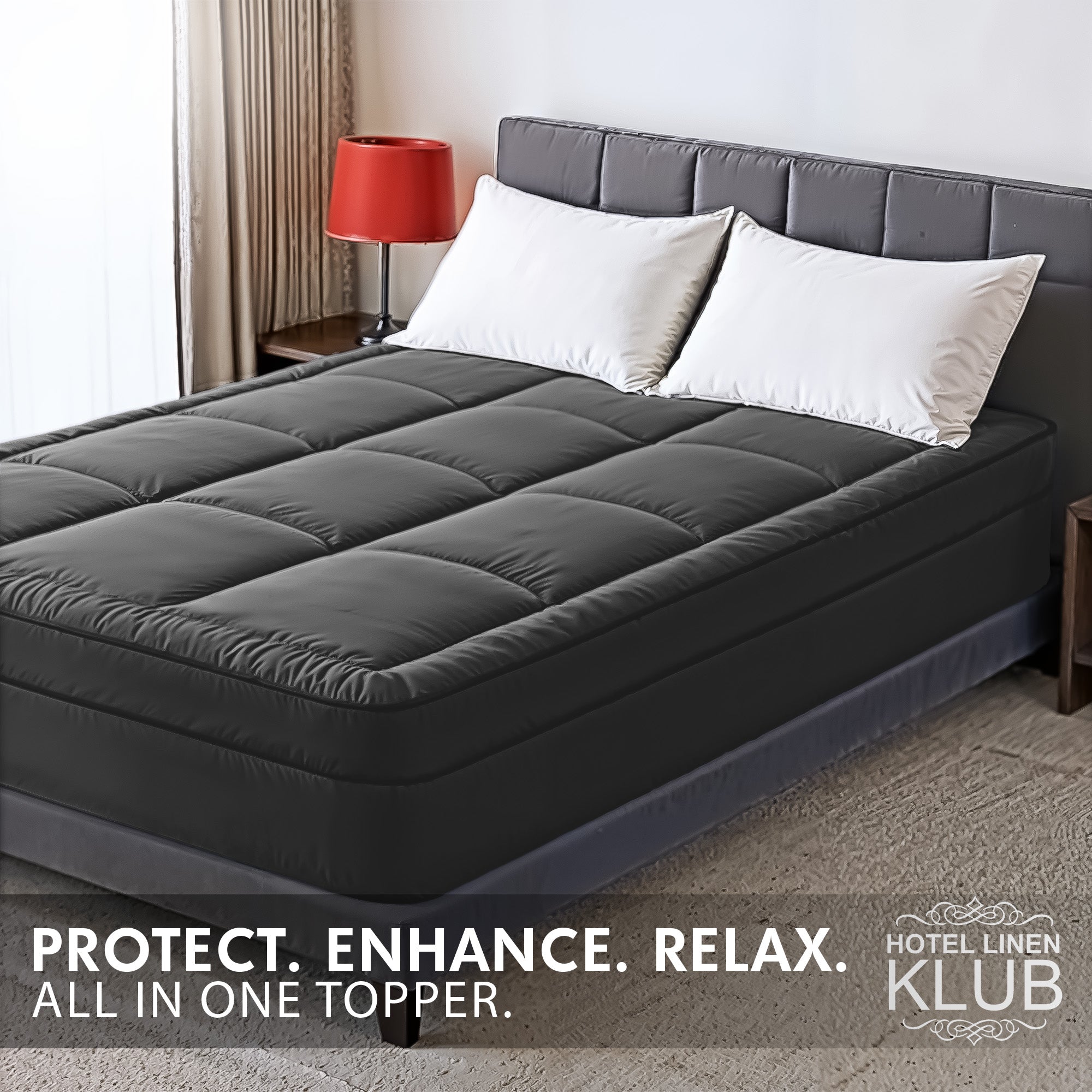 Hotel Linen Klub Fitted Mattress Topper Plain – 800 GSM Premium - Deep Pocket with All-around Elastic - Black