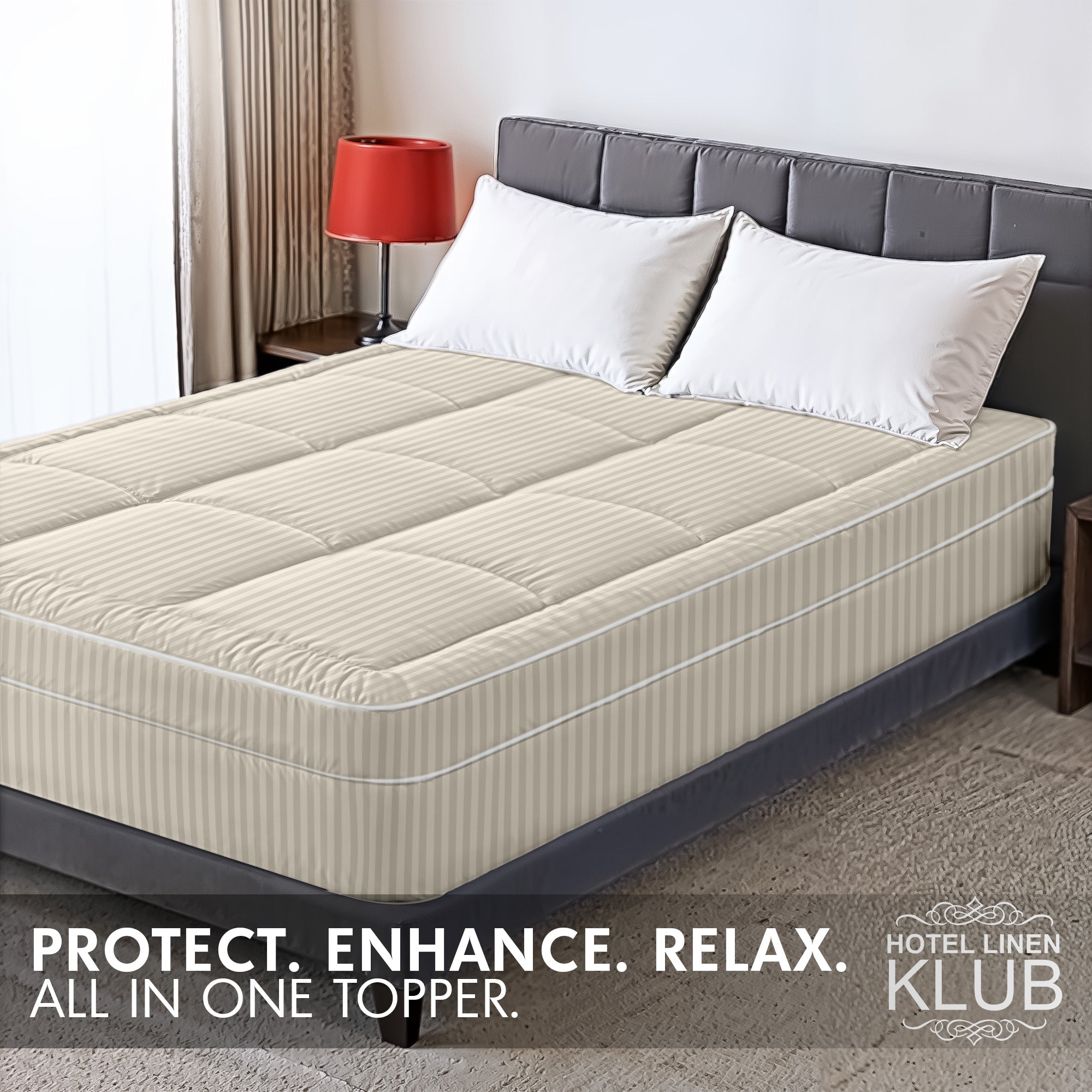 Hotel Linen Klub Fitted Mattress Topper Striped – 800 GSM Premium - Deep Pocket with All-around Elastic  - Stone