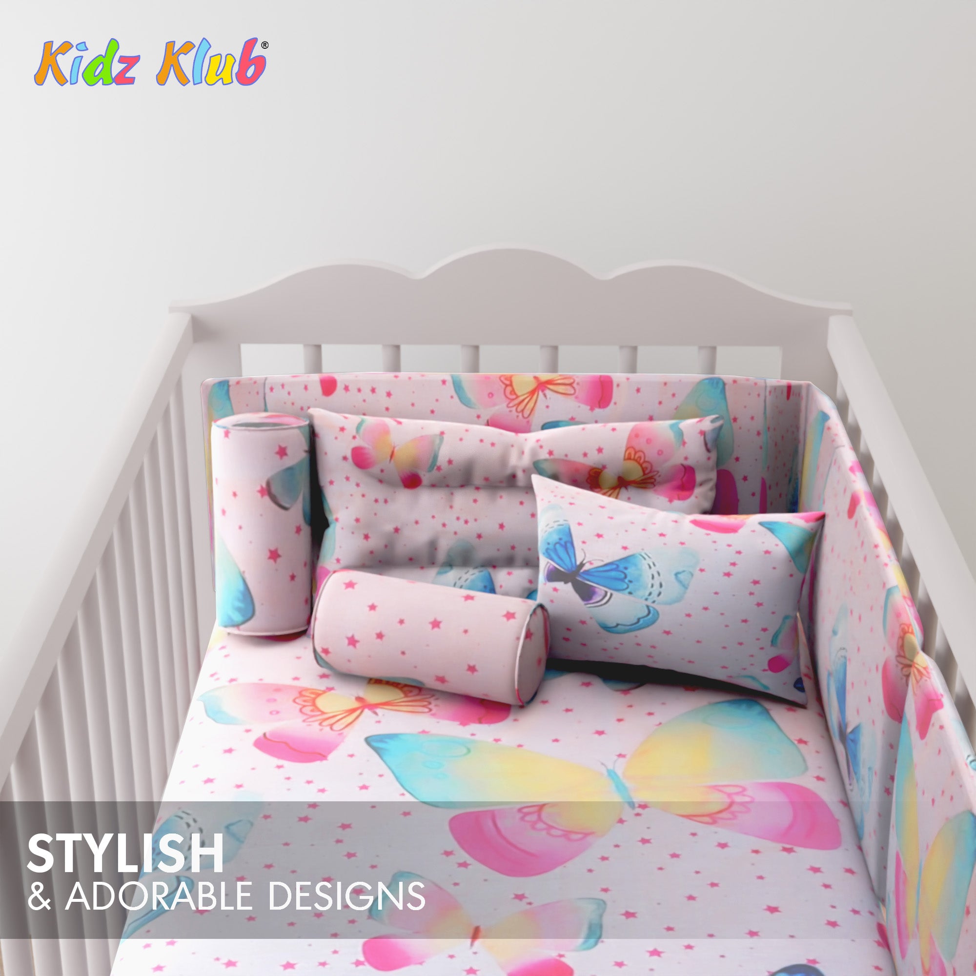 Kidz Klub 7-Piece Baby Cot Bedding Set – Soft Cotton, Pink Butterfly Design