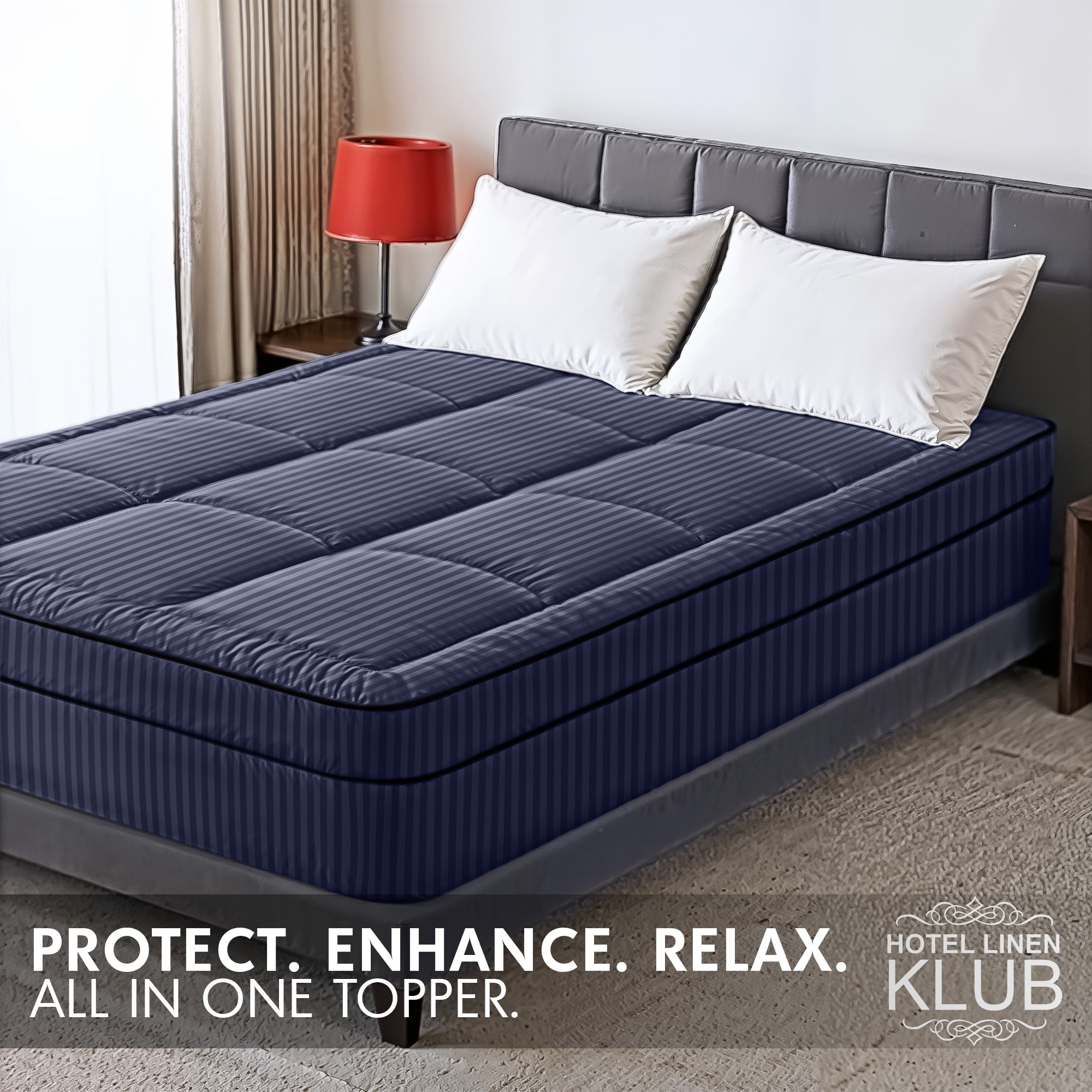 Hotel Linen Klub Fitted Mattress Topper Striped – 800 GSM Premium - Deep Pocket with All-around Elastic  - Navy