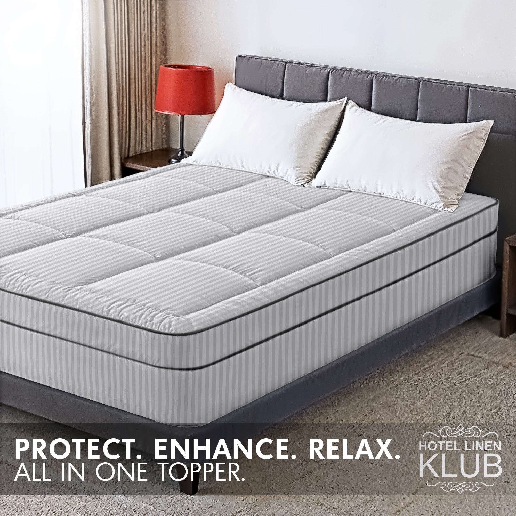 Hotel Linen Klub Fitted Mattress Topper Striped – 800 GSM Premium - Deep Pocket with All-around Elastic  Light Grey