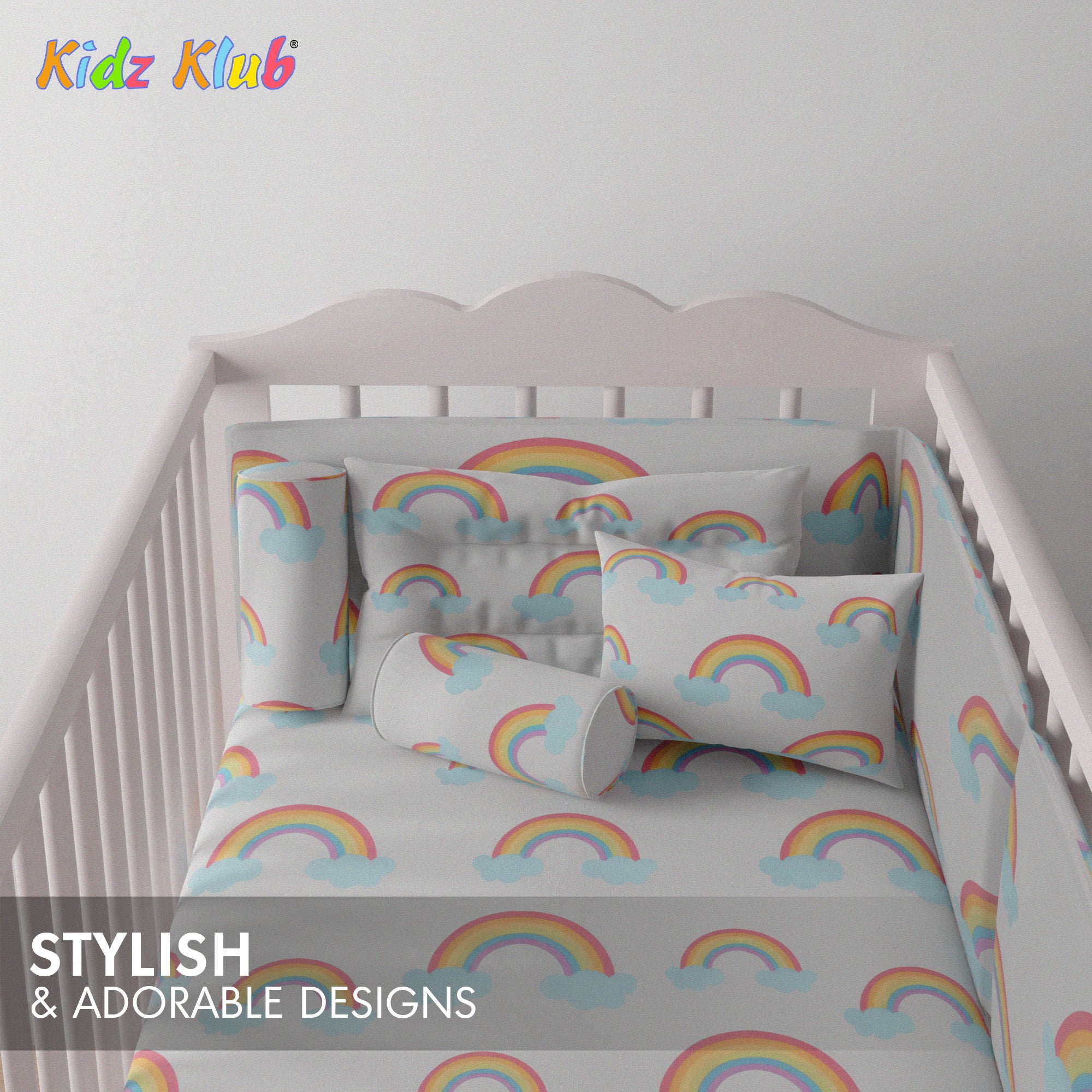 Kidz Klub 7-Piece Baby Cot Bedding Set – Soft Cotton, Cloud White Design