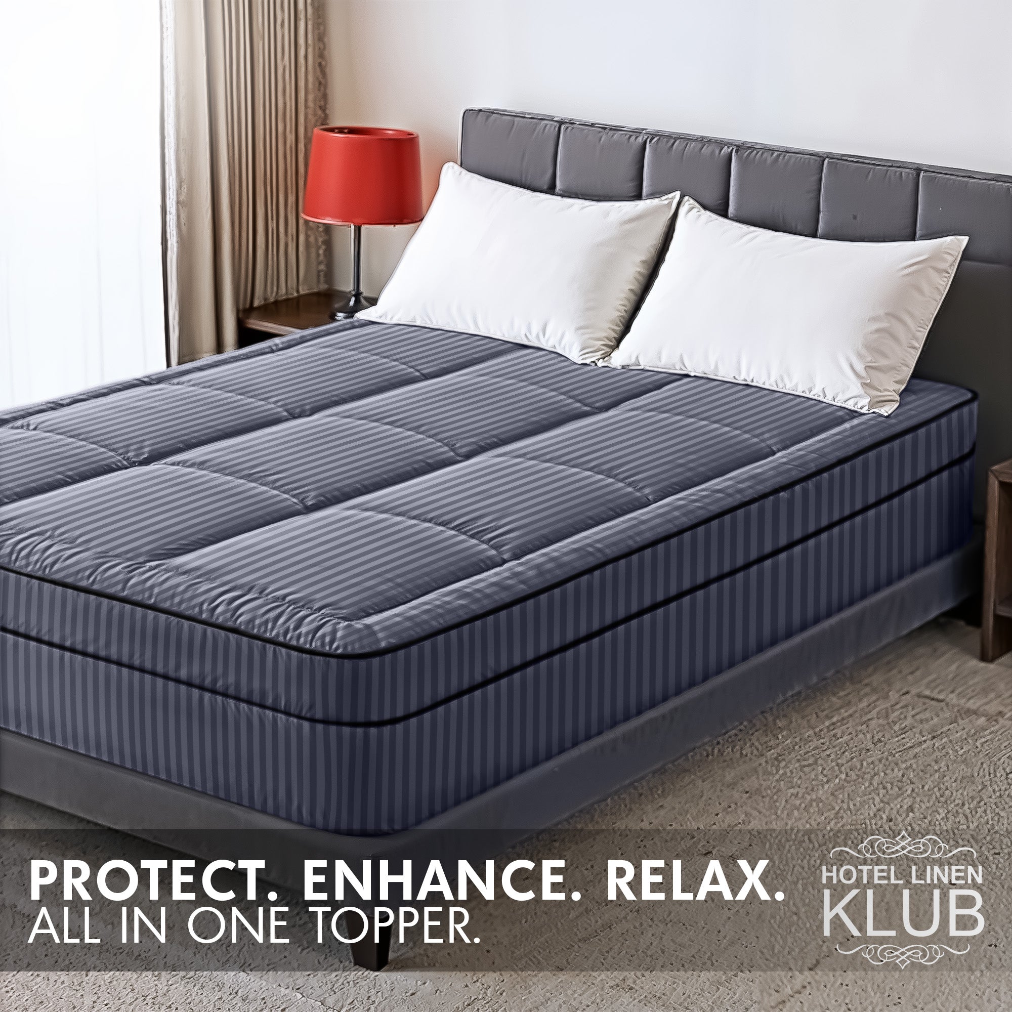 Hotel Linen Klub Fitted Mattress Topper Striped – 800 GSM Premium - Deep Pocket with All-around Elastic - Dark Grey