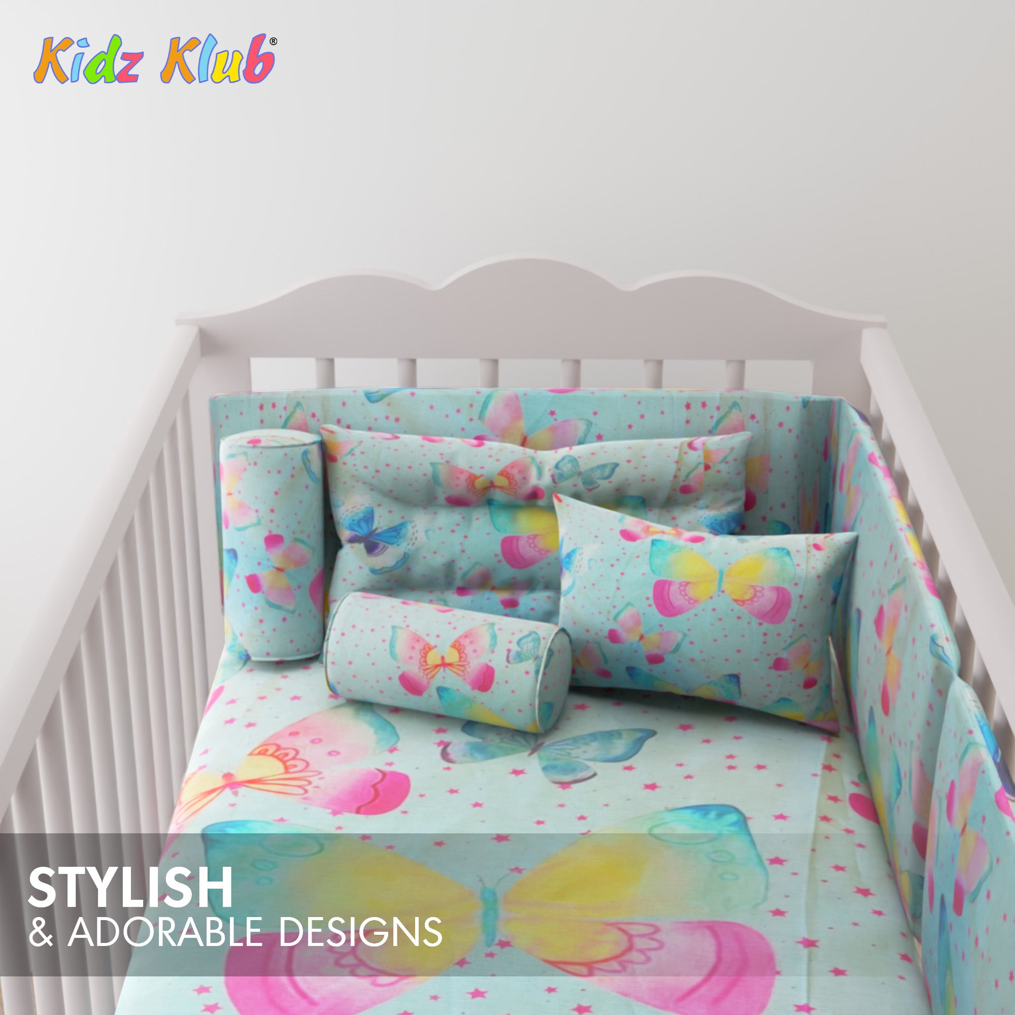 Kidz Klub 7-Piece Baby Cot Bedding Set – Soft Cotton, Blue Butterfly