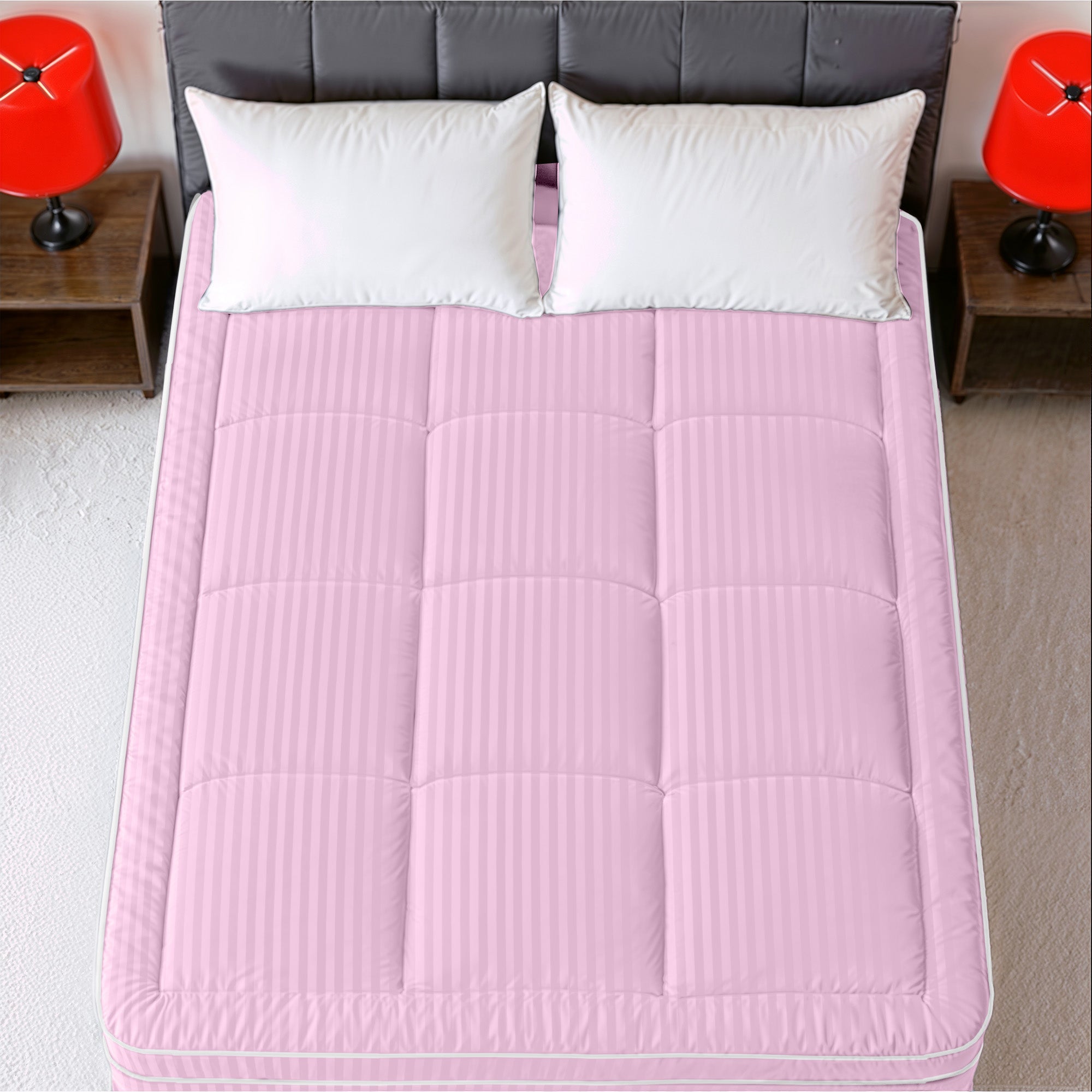 Hotel Linen Klub Fitted Mattress Topper Striped – 800 GSM Premium - Deep Pocket with All-around Elastic  - Pink