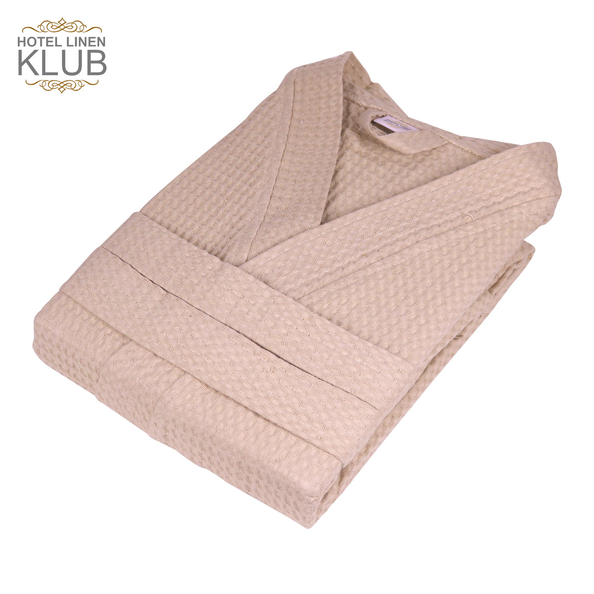 Hotel Linen Klub Cotton Bathrobe Free Size - Unisex Waffle Weave with Belt & Pockets - Beige