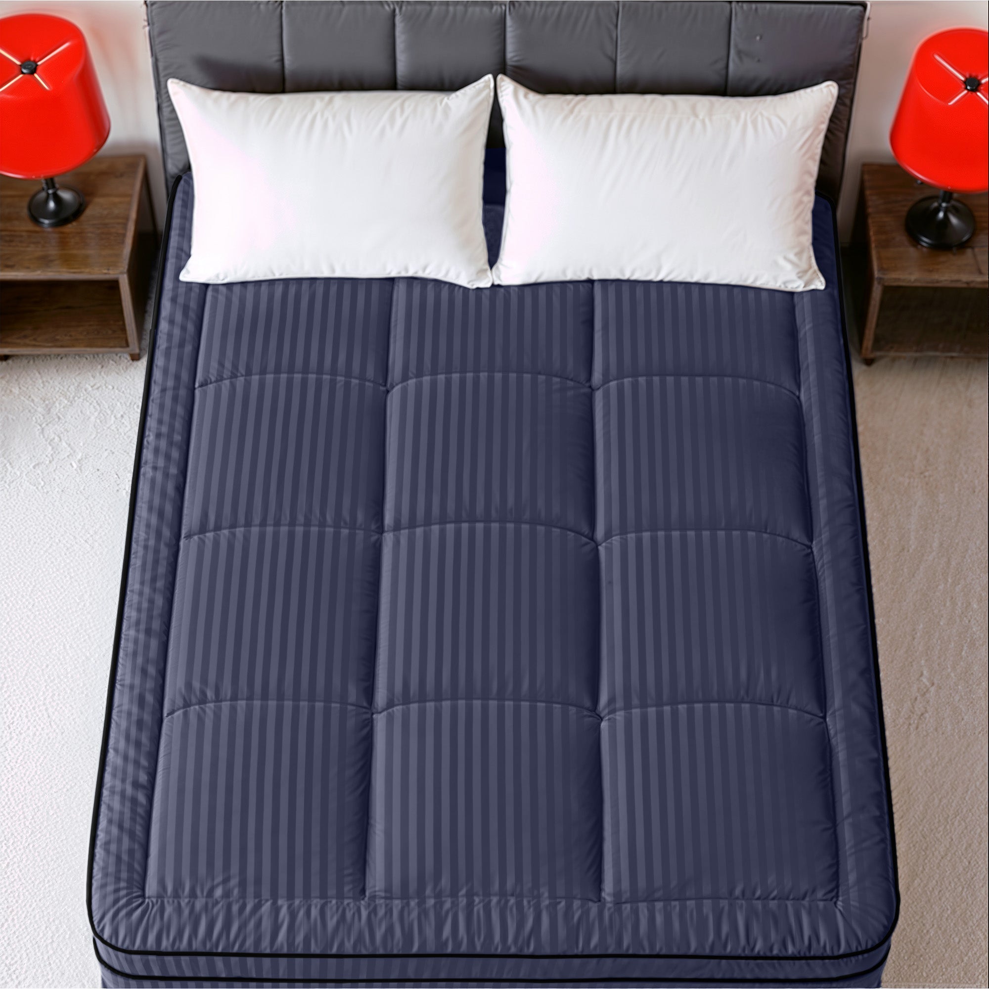 Hotel Linen Klub Fitted Mattress Topper Striped – 800 GSM Premium - Deep Pocket with All-around Elastic  - Navy