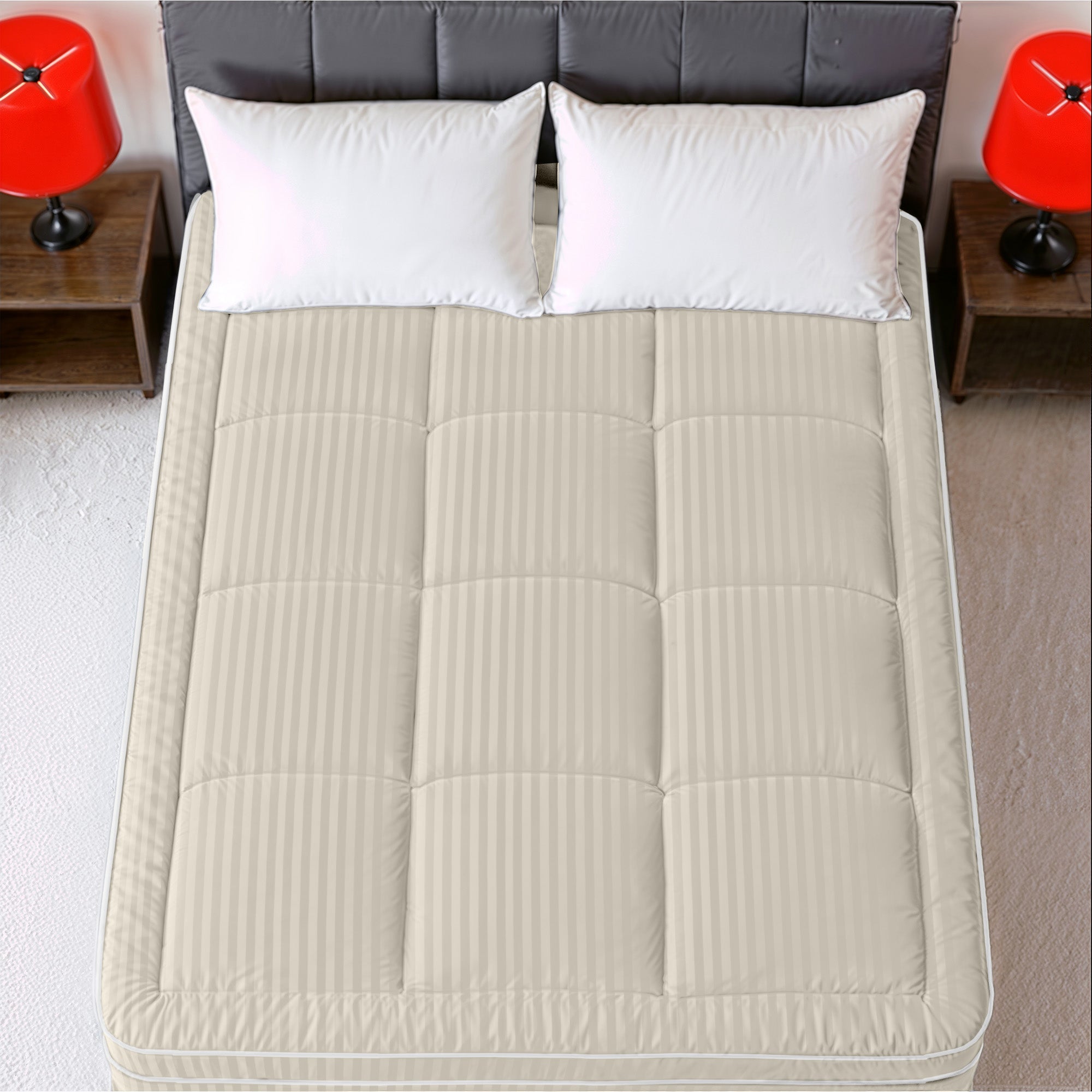 Hotel Linen Klub Fitted Mattress Topper Striped – 800 GSM Premium - Deep Pocket with All-around Elastic  - Stone