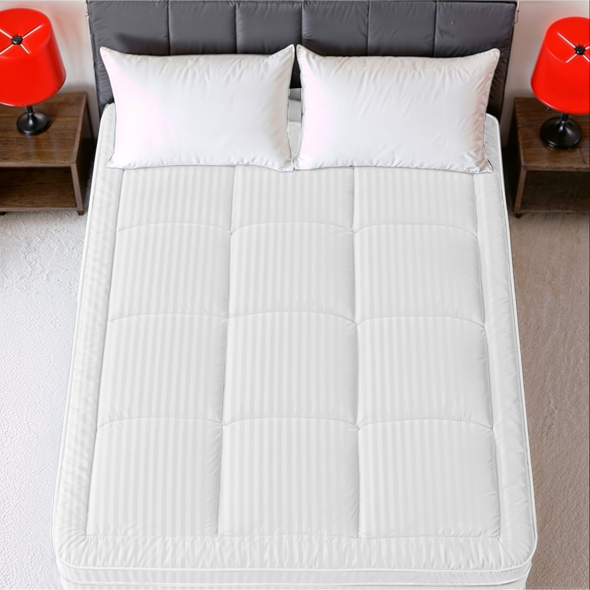 Hotel Linen Klub Fitted Mattress Topper Striped – 800 GSM Premium - Deep Pocket with All-around Elastic - White