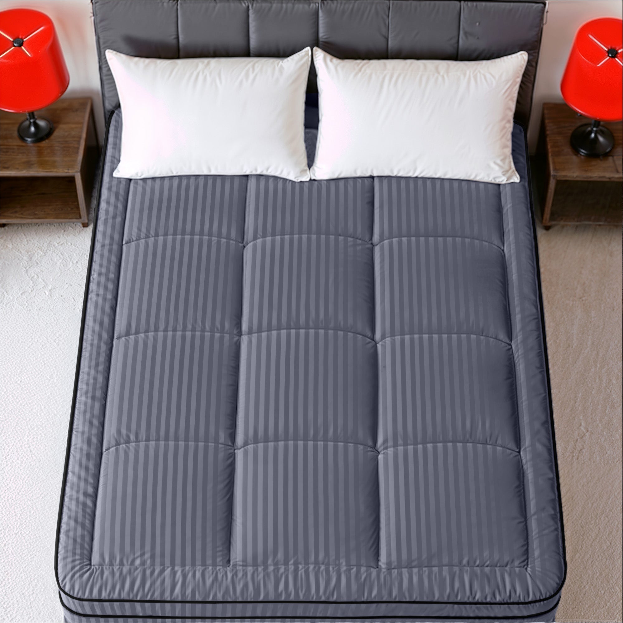 Hotel Linen Klub Fitted Mattress Topper Striped – 800 GSM Premium - Deep Pocket with All-around Elastic - Dark Grey