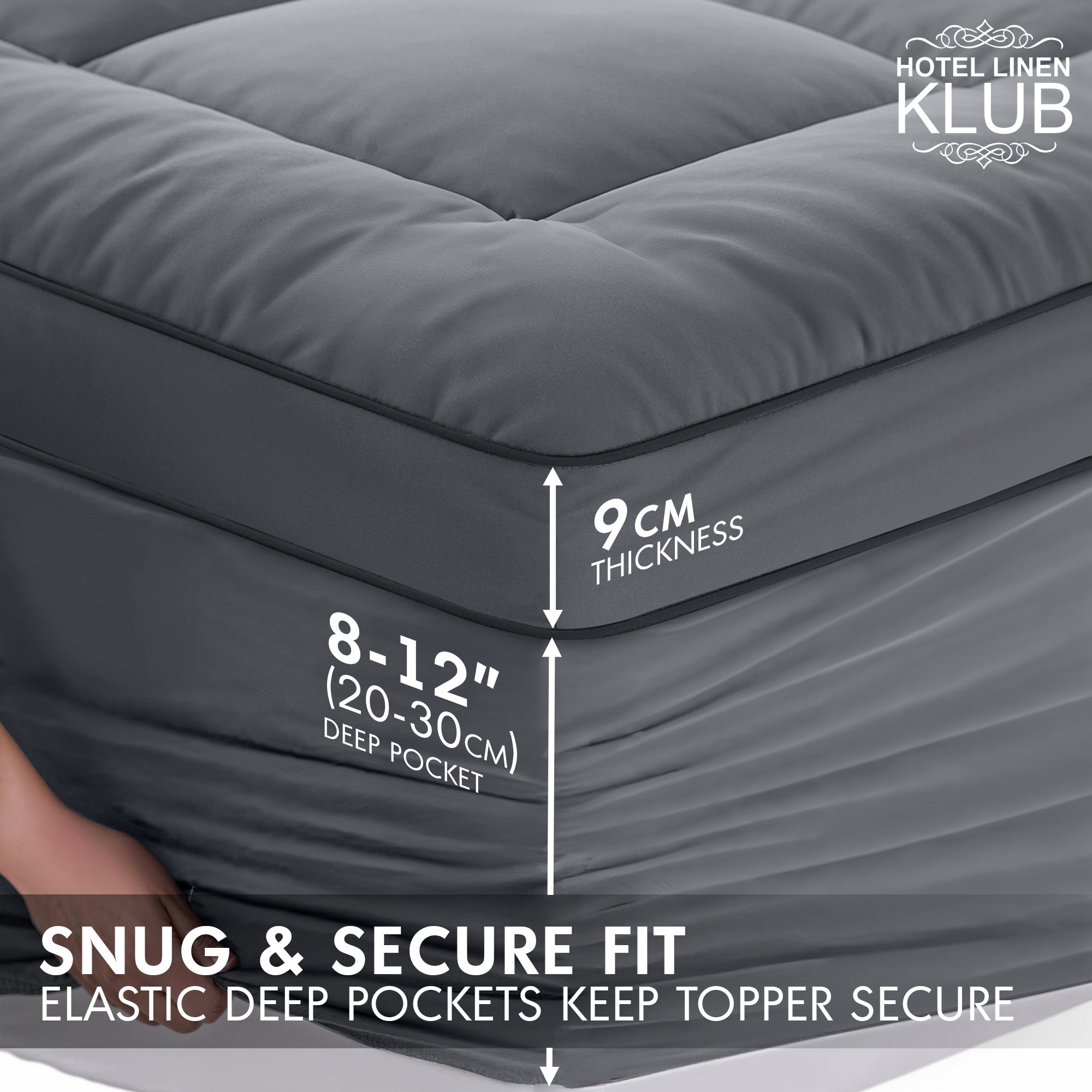 Hotel Linen Klub Fitted Mattress Topper Plain – 800 GSM Premium - Deep Pocket with All-around Elastic - Dark Grey