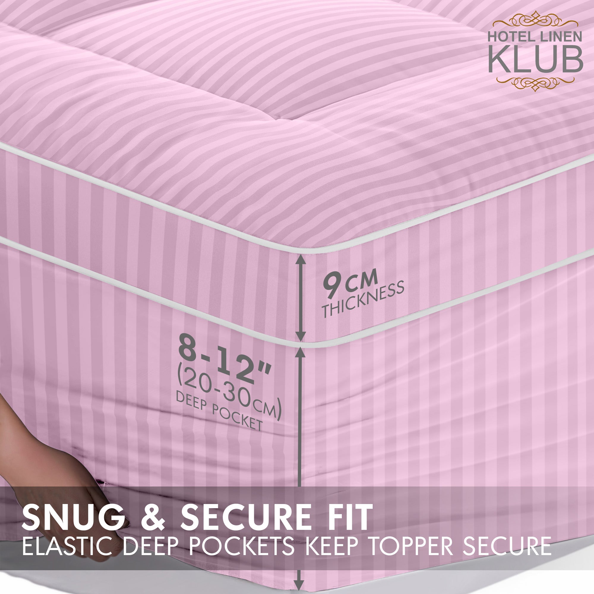Hotel Linen Klub Fitted Mattress Topper Striped – 800 GSM Premium - Deep Pocket with All-around Elastic  - Pink