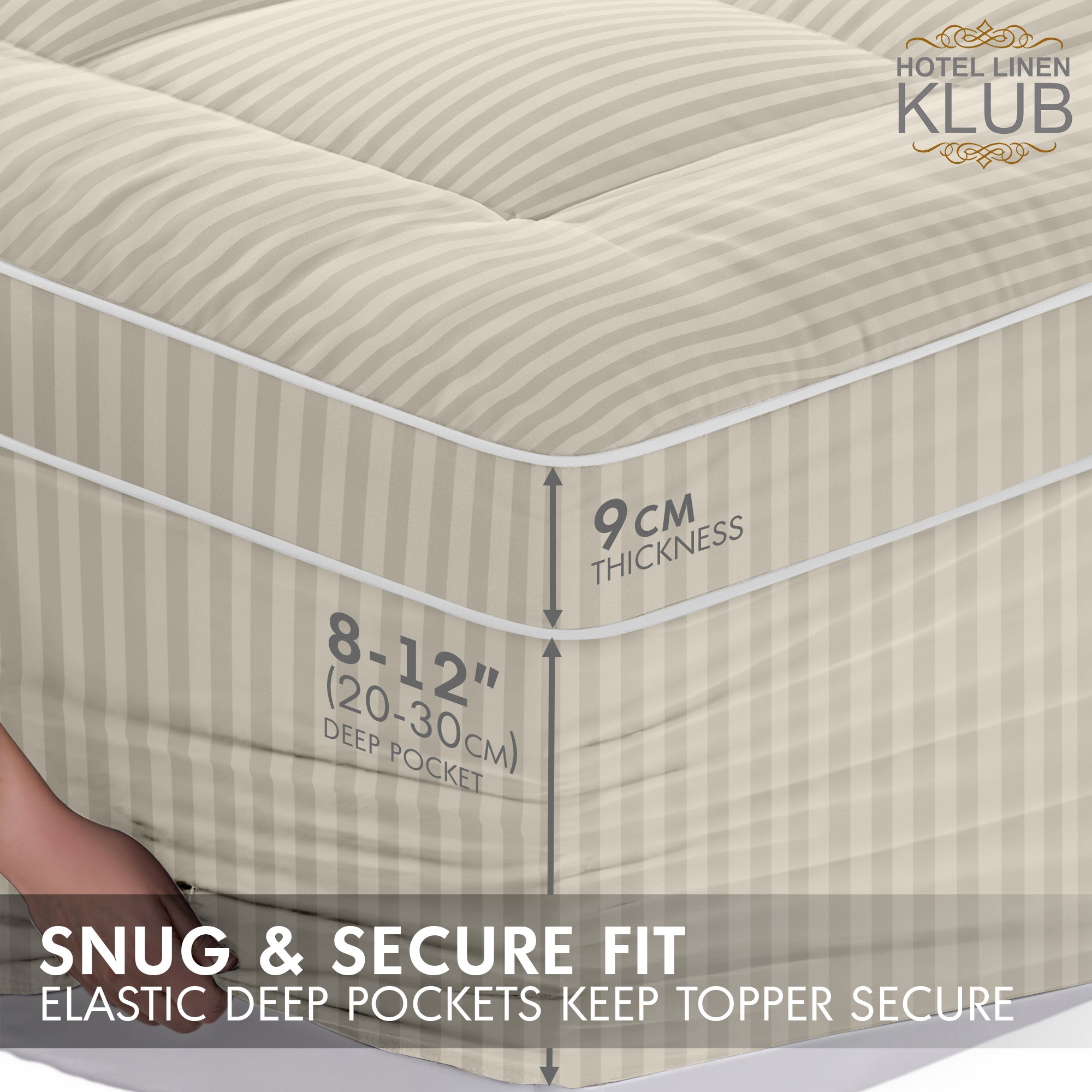 Hotel Linen Klub Fitted Mattress Topper Striped – 800 GSM Premium - Deep Pocket with All-around Elastic  - Stone