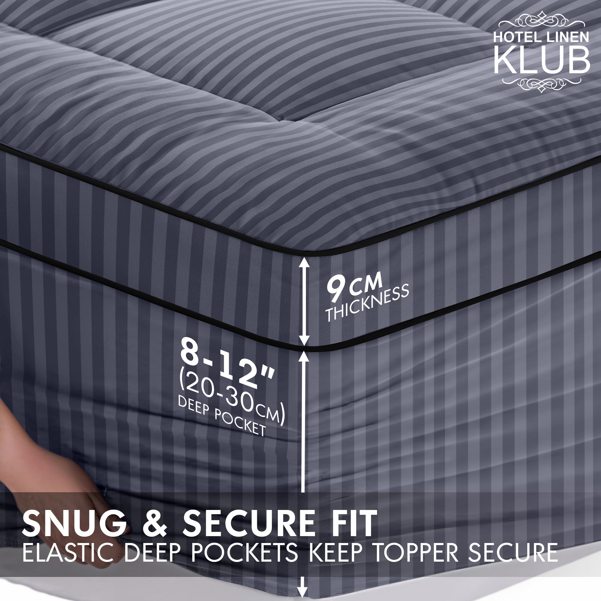 Hotel Linen Klub Fitted Mattress Topper Striped – 800 GSM Premium - Deep Pocket with All-around Elastic - Dark Grey