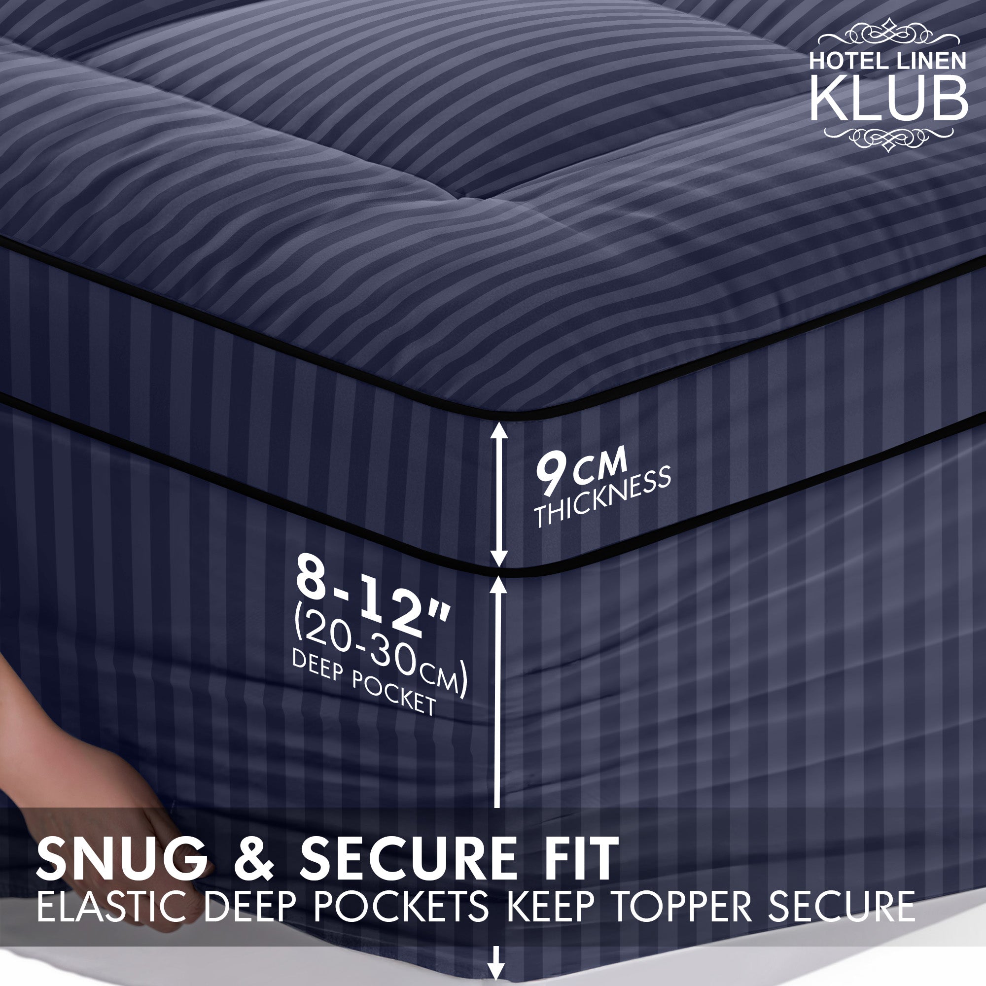 Hotel Linen Klub Fitted Mattress Topper Striped – 800 GSM Premium - Deep Pocket with All-around Elastic  - Navy