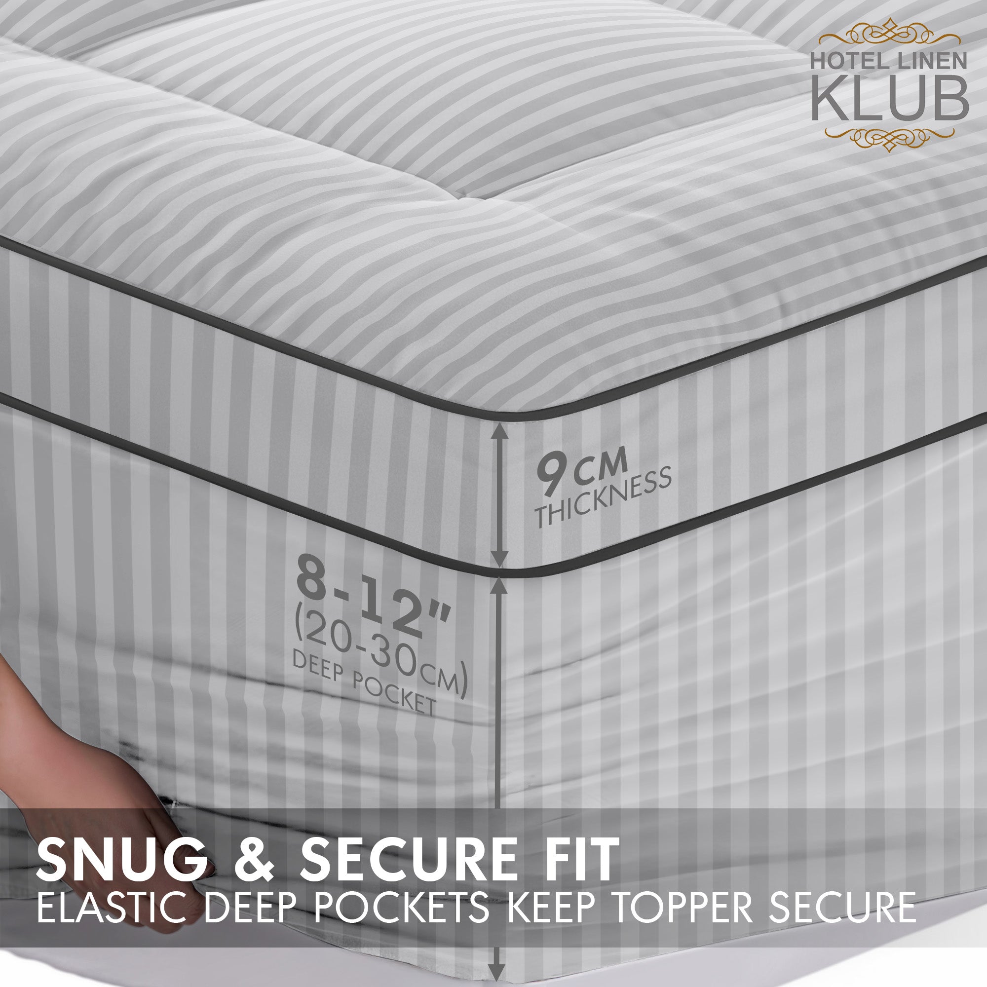 Hotel Linen Klub Fitted Mattress Topper Striped – 800 GSM Premium - Deep Pocket with All-around Elastic  Light Grey