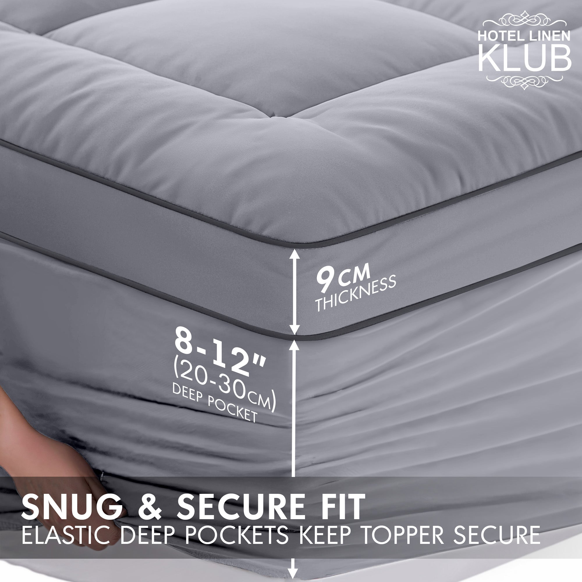 Hotel Linen Klub Fitted Mattress Topper Plain – 800 GSM Premium - Deep Pocket with All-around Elastic - Light Grey