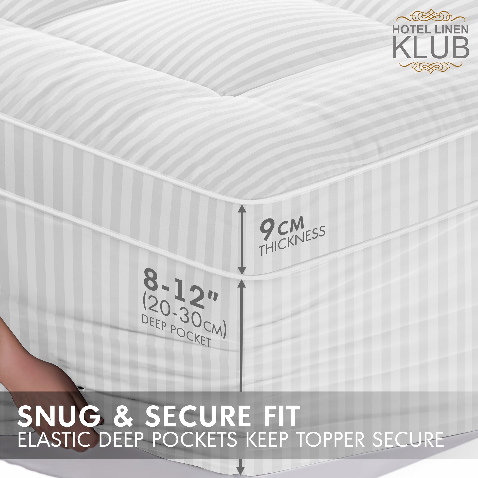 Hotel Linen Klub Fitted Mattress Topper Striped – 800 GSM Premium - Deep Pocket with All-around Elastic - White