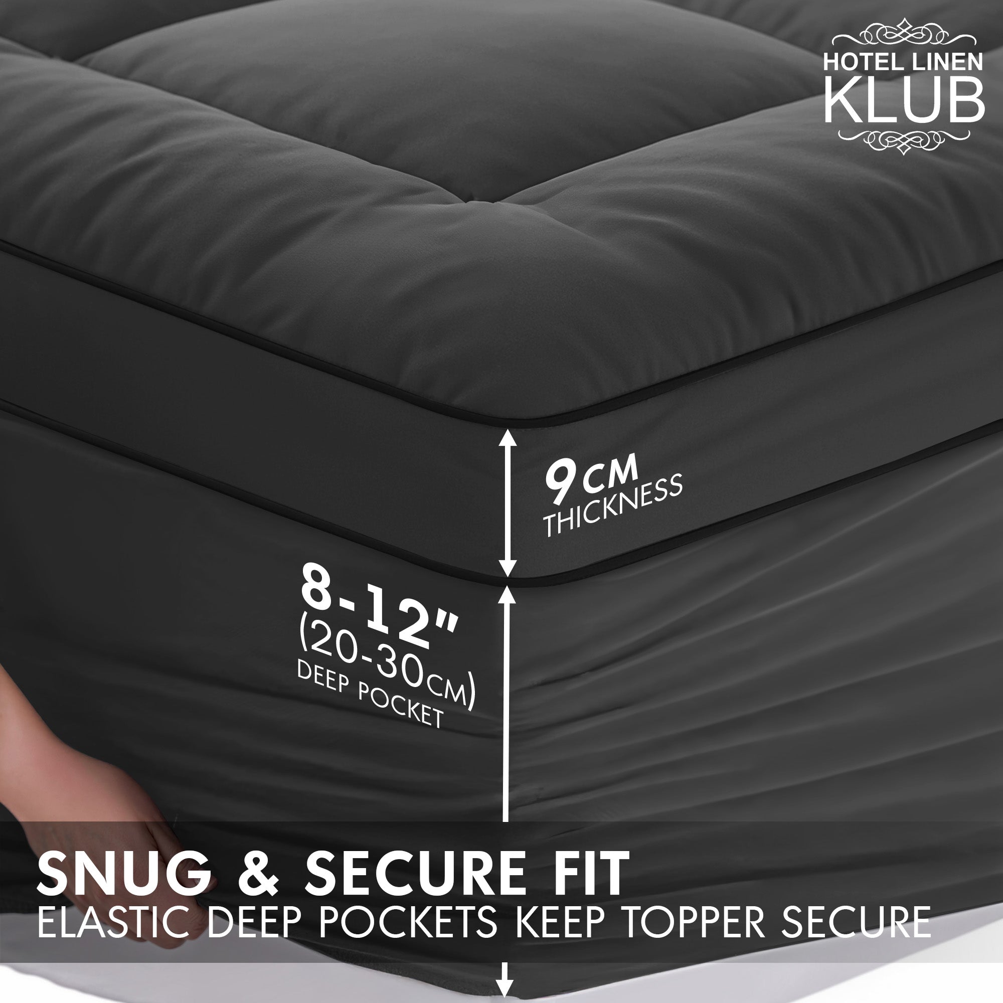 Hotel Linen Klub Fitted Mattress Topper Plain – 800 GSM Premium - Deep Pocket with All-around Elastic - Black