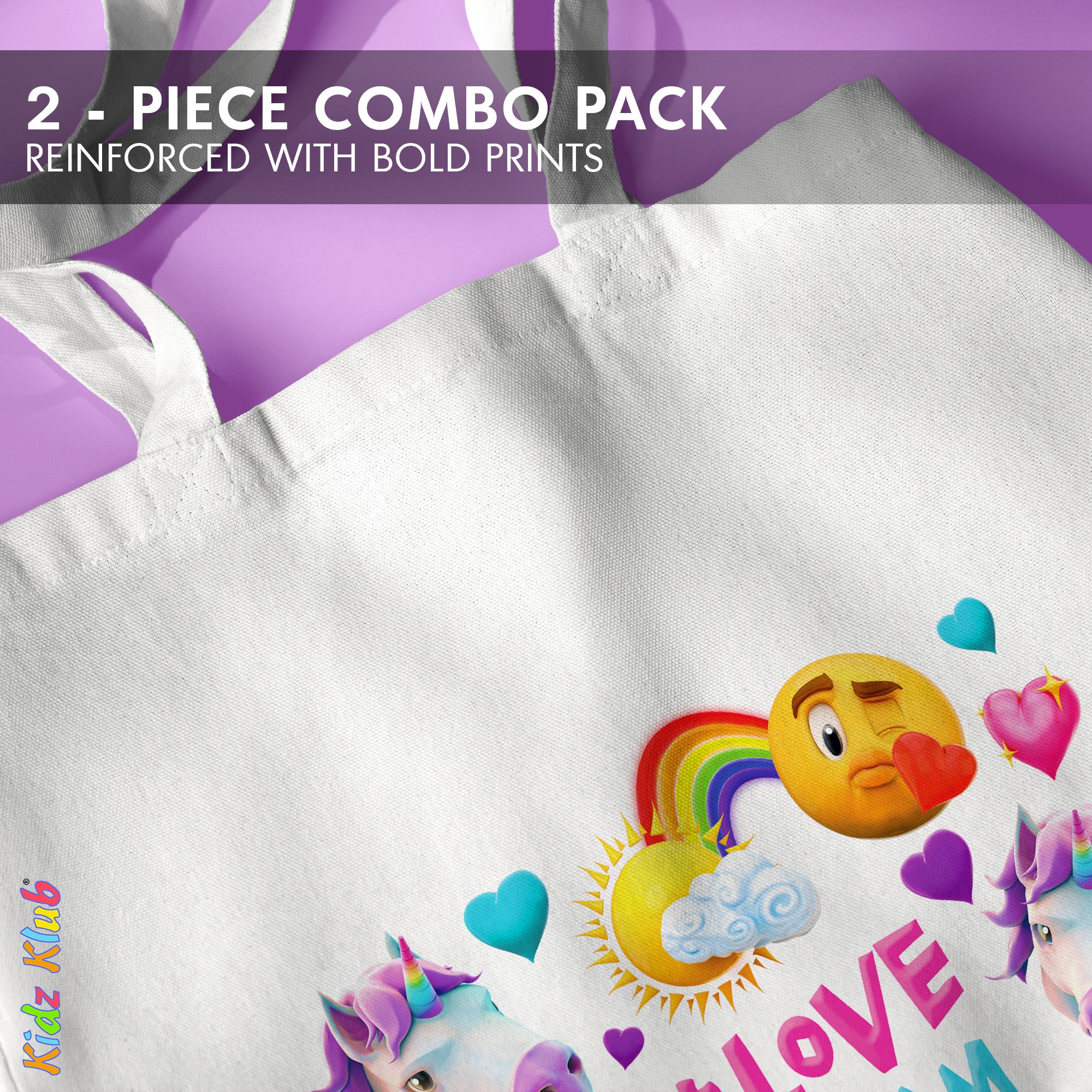 Kidz Klub Cotton Tote bag 40x40 Newmoji design - Pack of 2 - It's All Good & Fun Starts Here