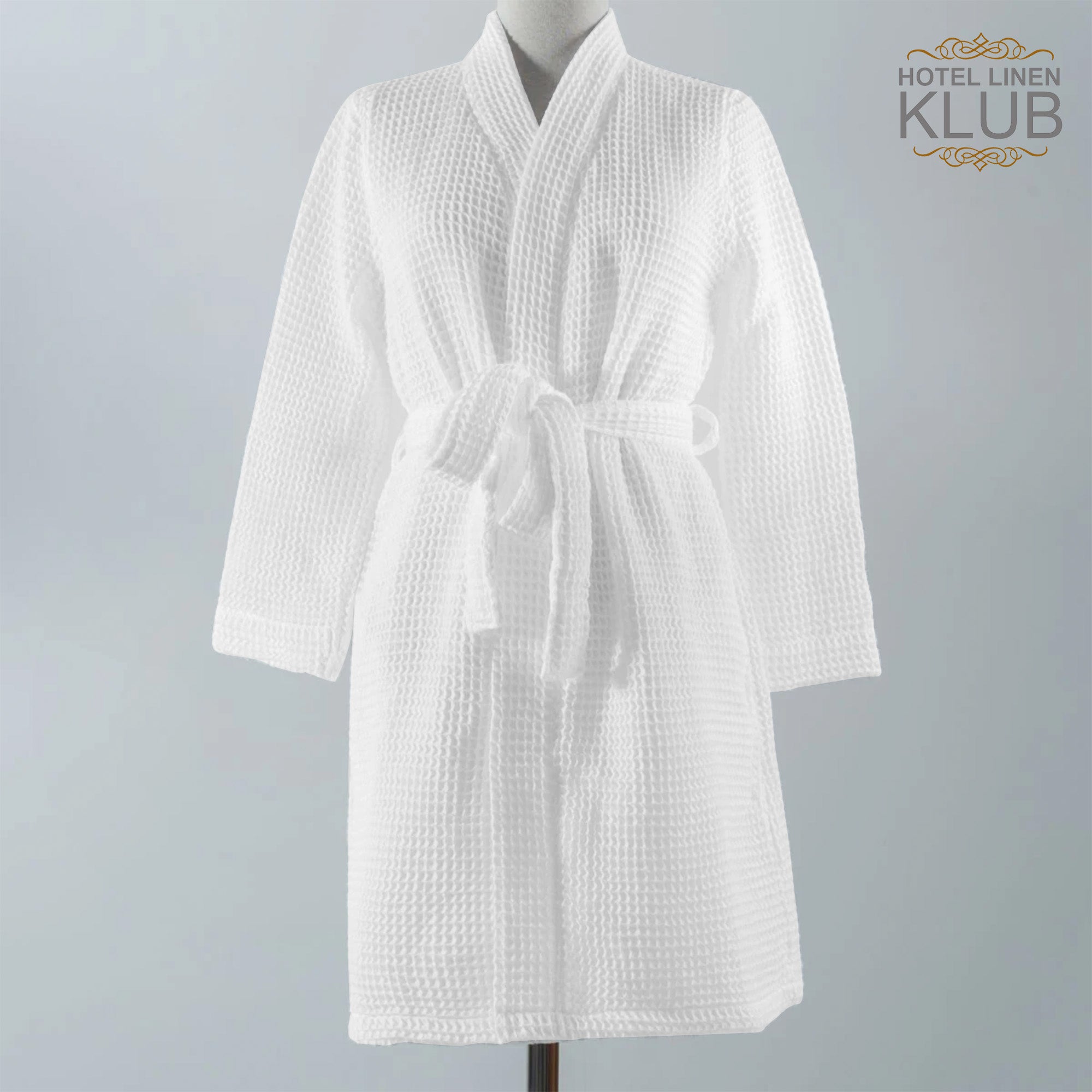 Hotel Linen Klub Cotton Bathrobe Free Size - Unisex Waffle Weave with Belt & Pockets - White