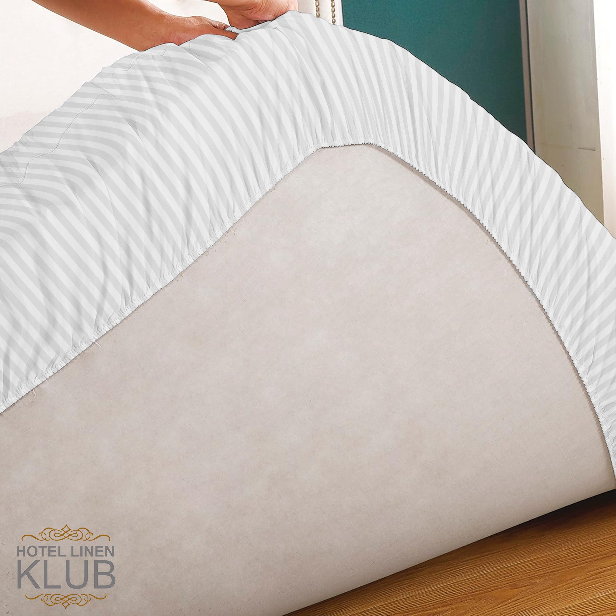 Hotel Linen Klub Fitted Mattress Topper Striped – 800 GSM Premium - Deep Pocket with All-around Elastic - White