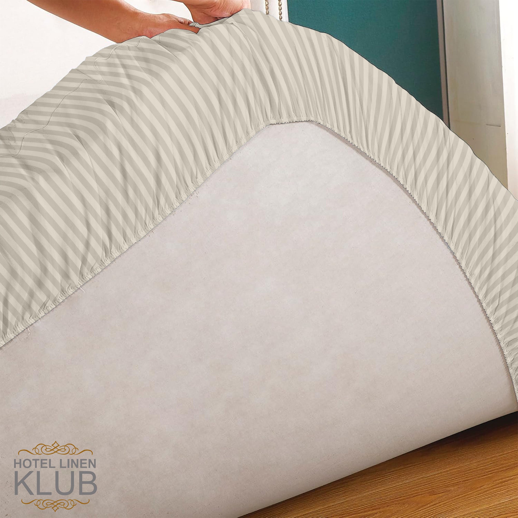 Hotel Linen Klub Fitted Mattress Topper Striped – 800 GSM Premium - Deep Pocket with All-around Elastic  - Stone