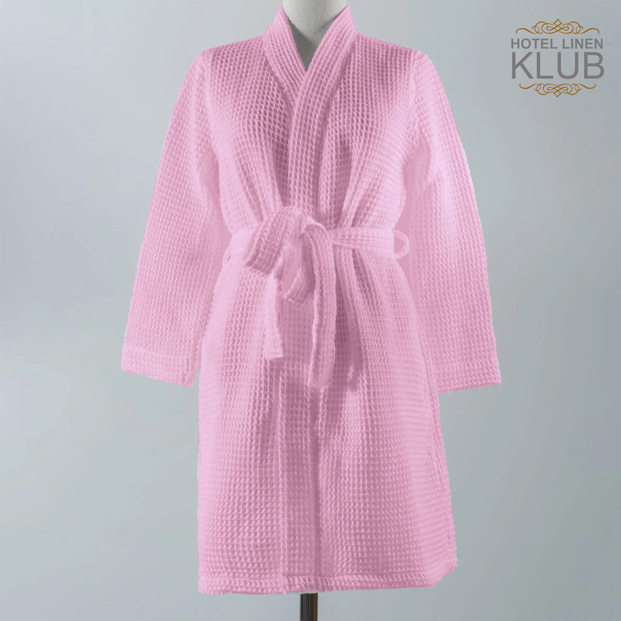 Hotel Linen Klub Cotton Bathrobe Free Size - Unisex Waffle Weave with Belt & Pockets - Pink