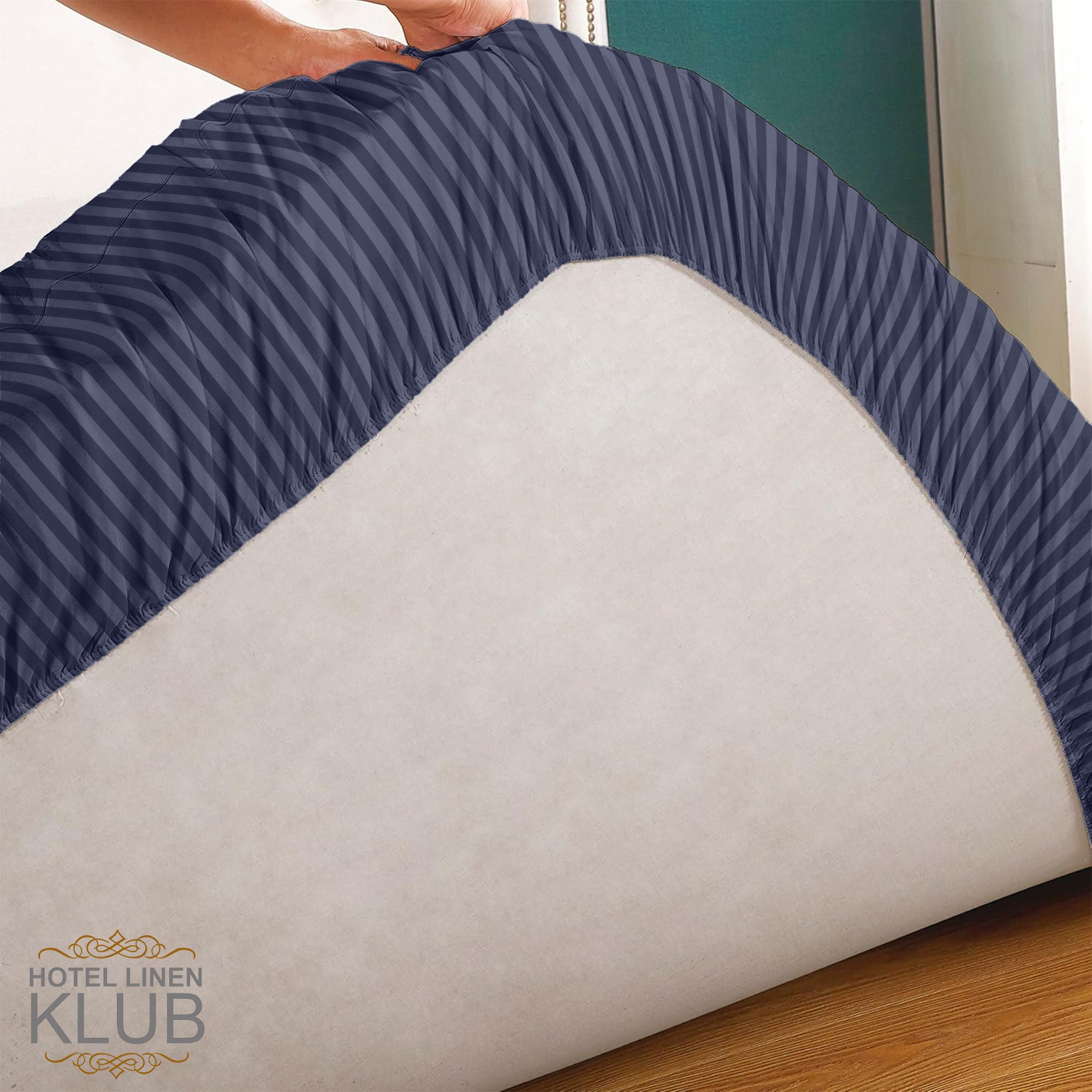 Hotel Linen Klub Fitted Mattress Topper Striped – 800 GSM Premium - Deep Pocket with All-around Elastic  - Navy