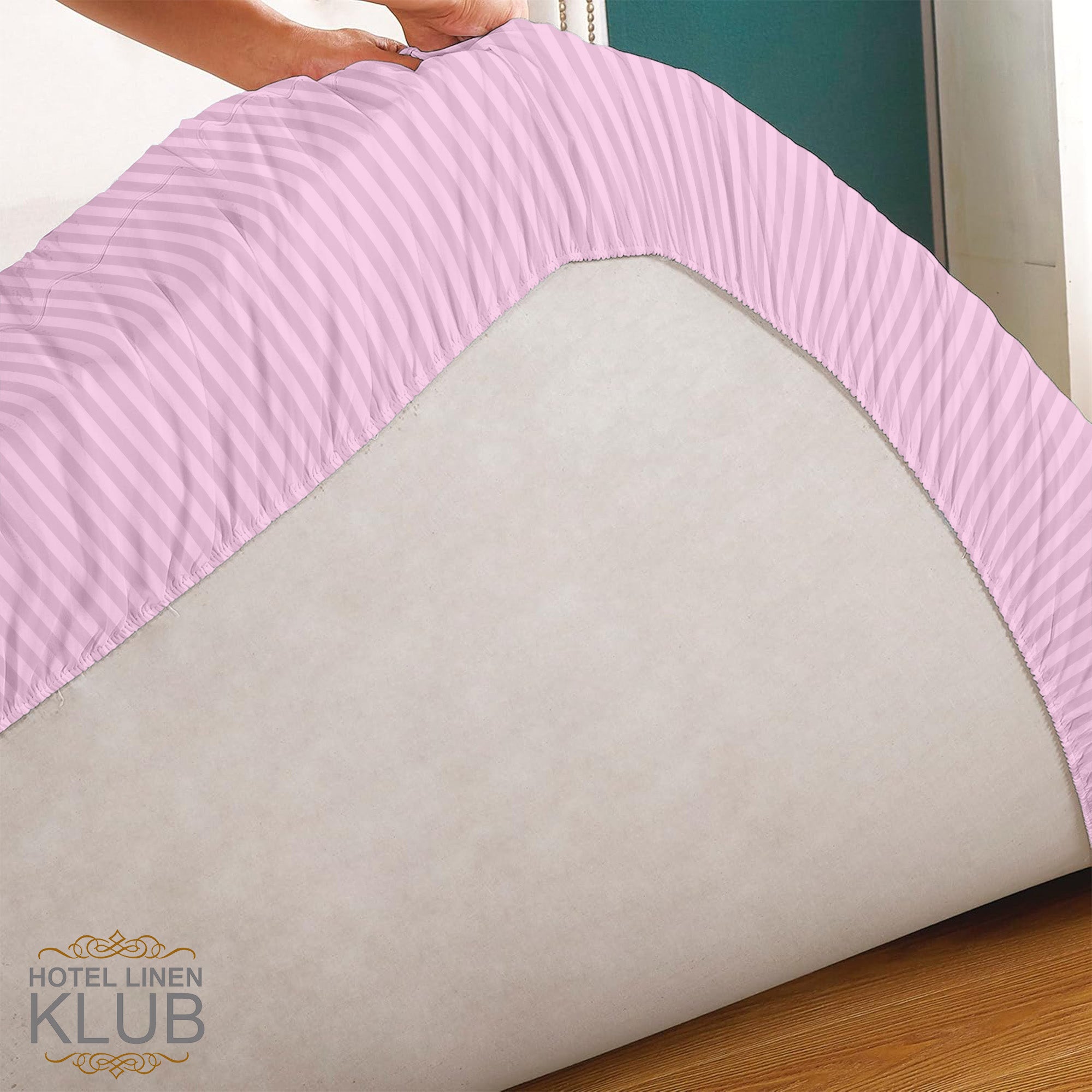 Hotel Linen Klub Fitted Mattress Topper Striped – 800 GSM Premium - Deep Pocket with All-around Elastic  - Pink