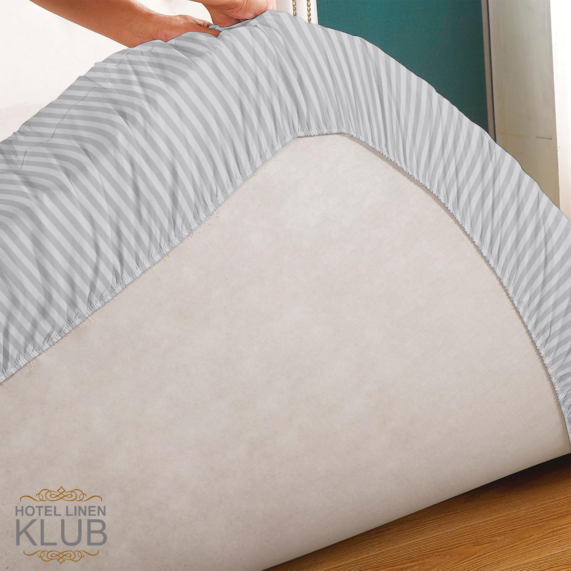 Hotel Linen Klub Fitted Mattress Topper Striped – 800 GSM Premium - Deep Pocket with All-around Elastic  Light Grey