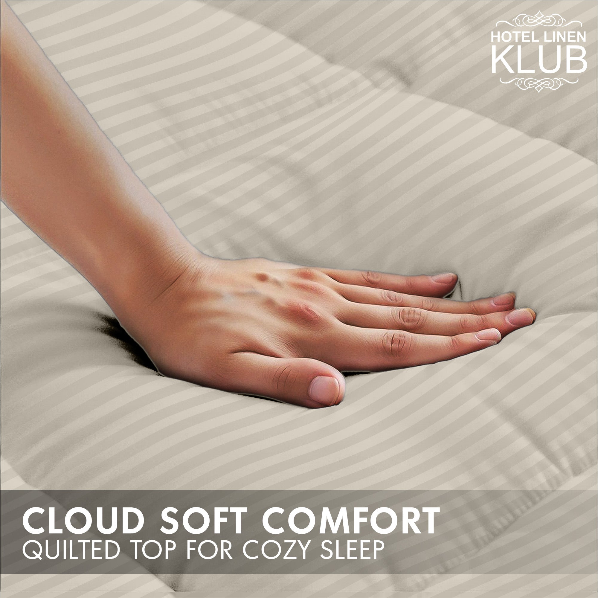 Hotel Linen Klub Fitted Mattress Topper Striped – 800 GSM Premium - Deep Pocket with All-around Elastic  - Stone