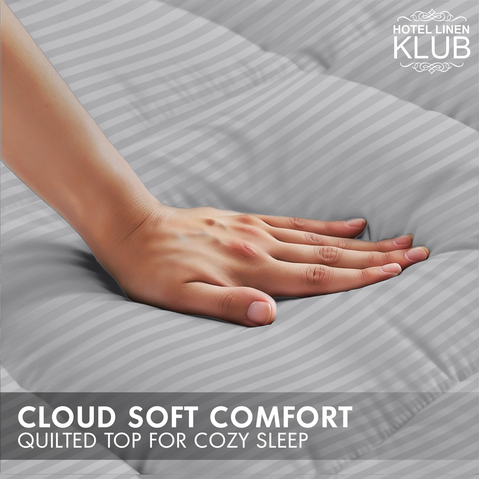 Hotel Linen Klub Fitted Mattress Topper Striped – 800 GSM Premium - Deep Pocket with All-around Elastic  Light Grey