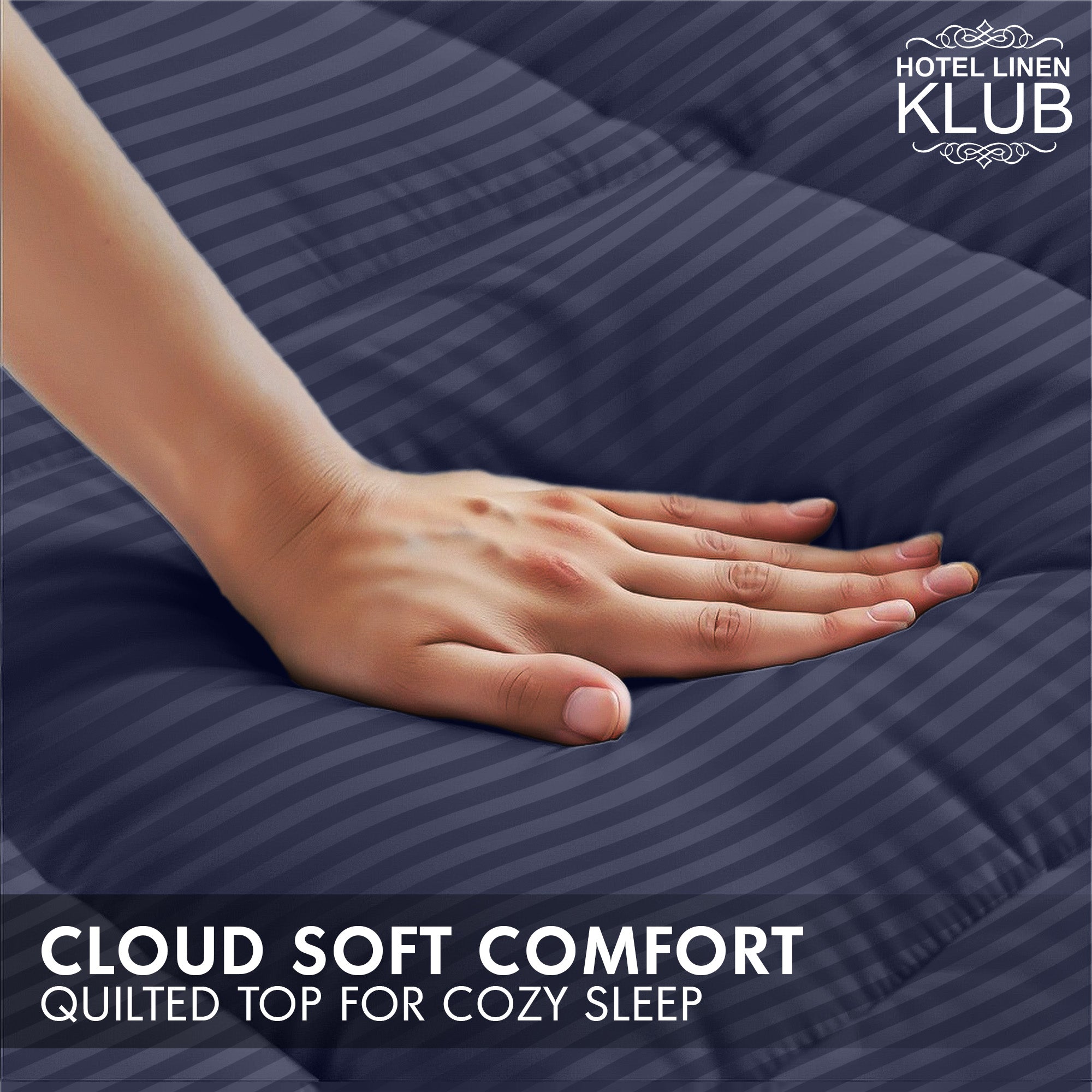 Hotel Linen Klub Fitted Mattress Topper Striped – 800 GSM Premium - Deep Pocket with All-around Elastic  - Navy