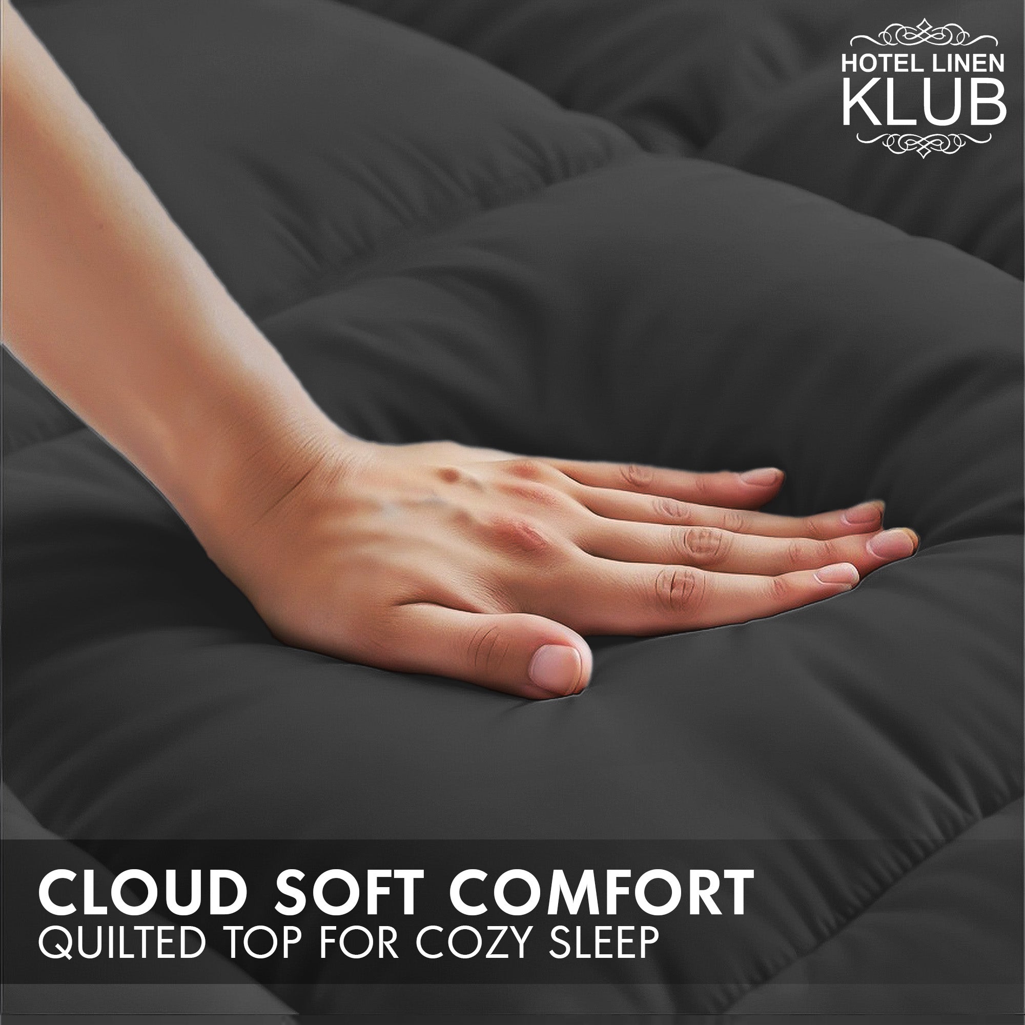 Hotel Linen Klub Fitted Mattress Topper Plain – 800 GSM Premium - Deep Pocket with All-around Elastic - Black