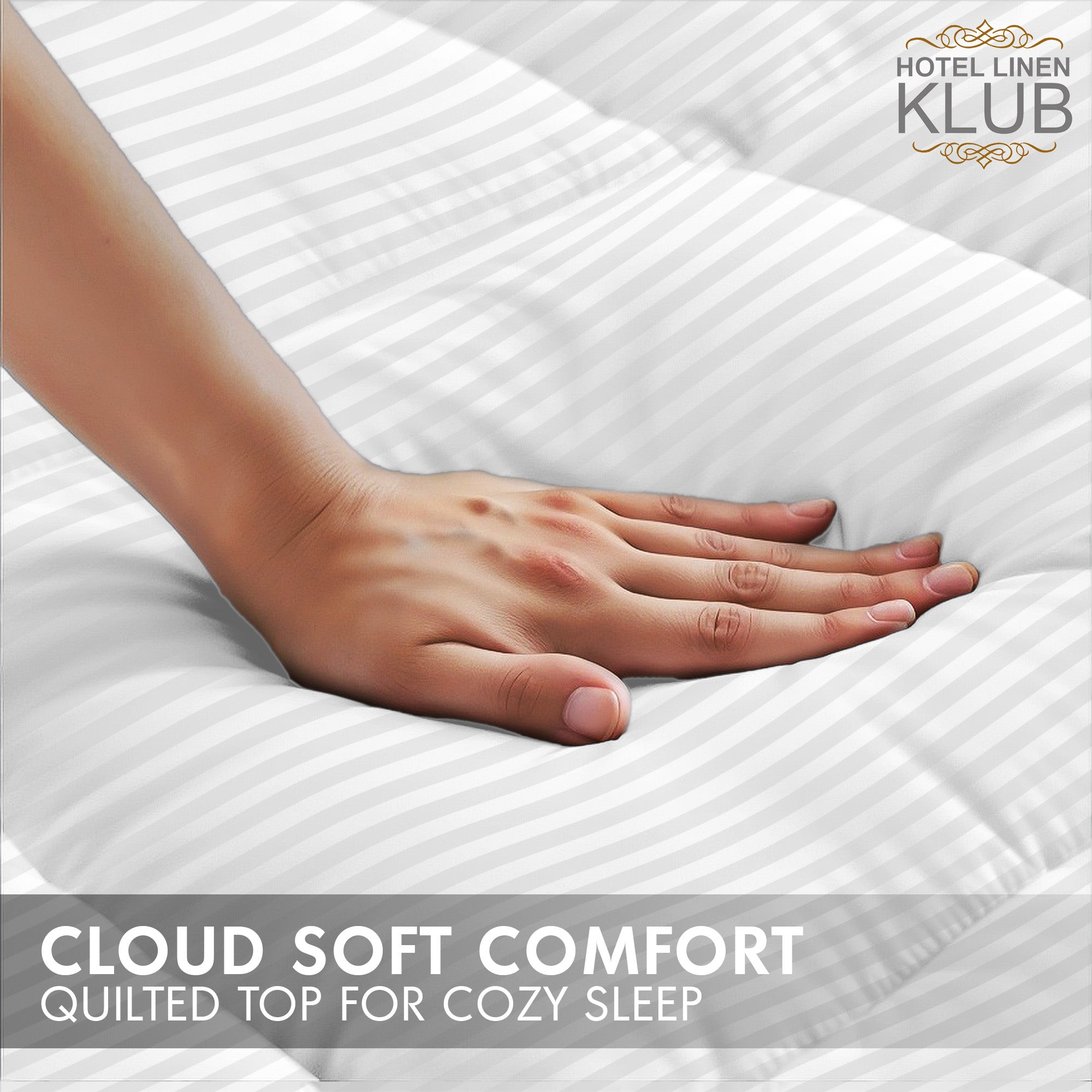 Hotel Linen Klub Fitted Mattress Topper Striped – 800 GSM Premium - Deep Pocket with All-around Elastic - White